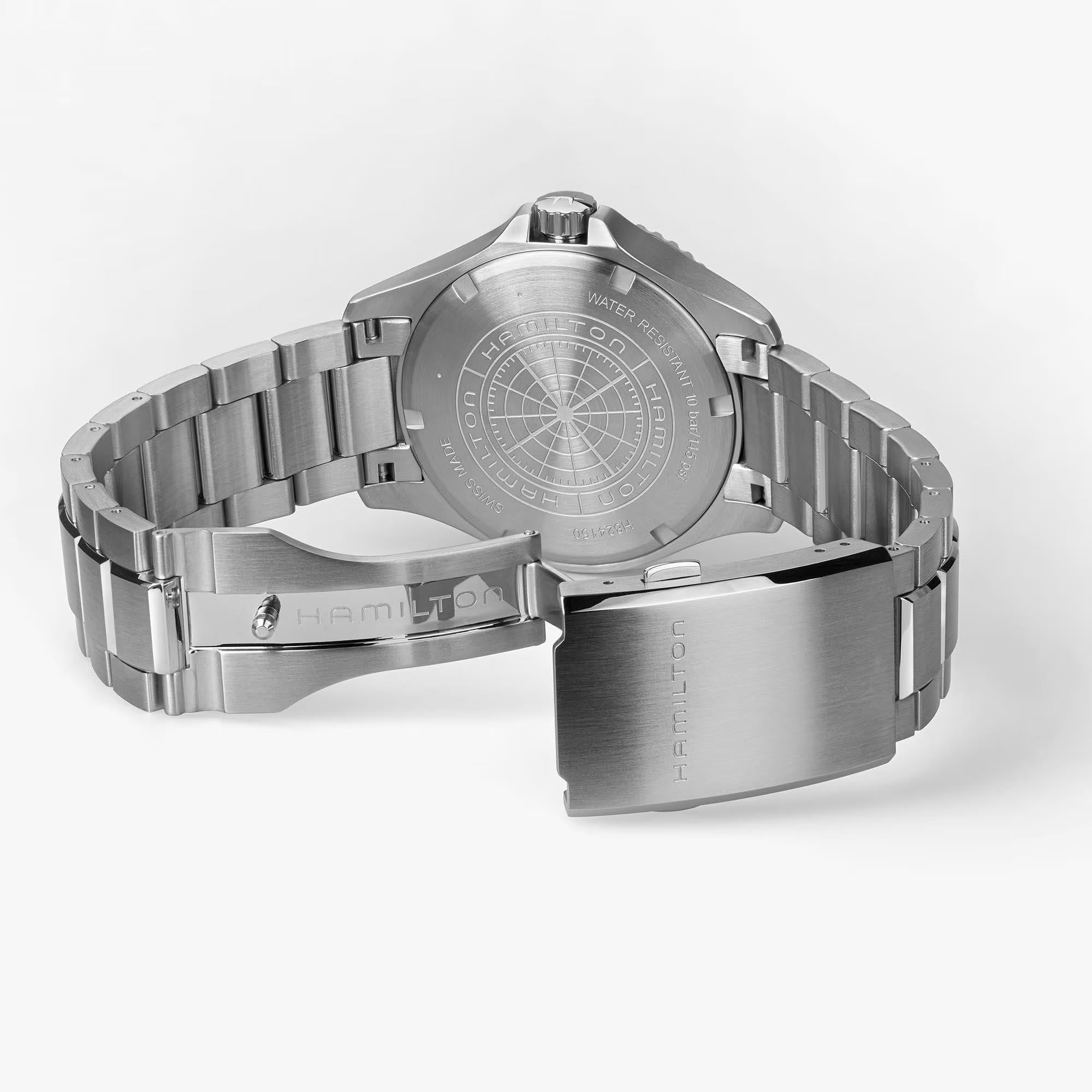 Stainless steel men’s dive watch back view, screw-down caseback and bracelet links