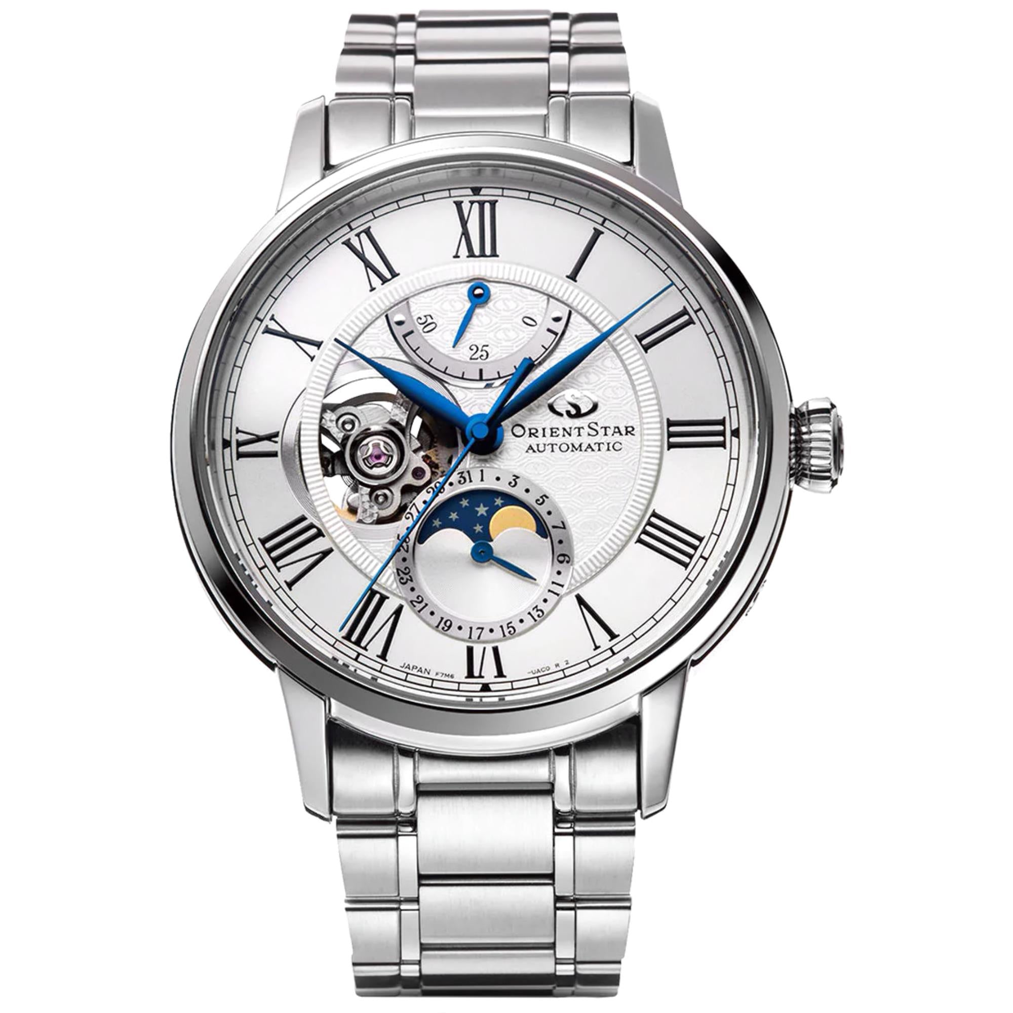 Orient Star Moon Phase 41mm Semi Skeleton White Dial Steel Mens Automatic Watch RE-AY0102S00B