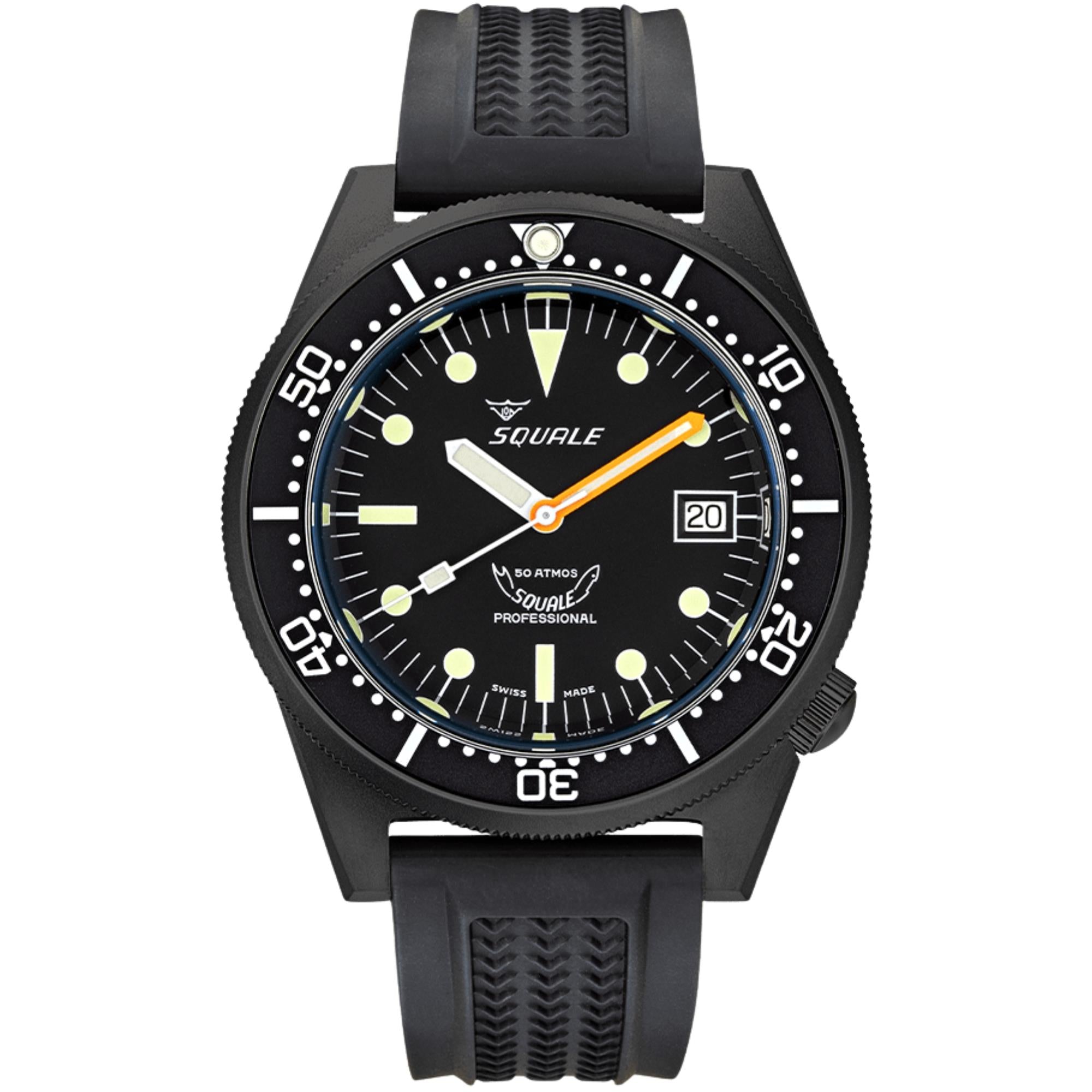 Squale 1521 DLC 42mm Black Dial Rubber Mens Automatic Watch 1521DLCBK.VO