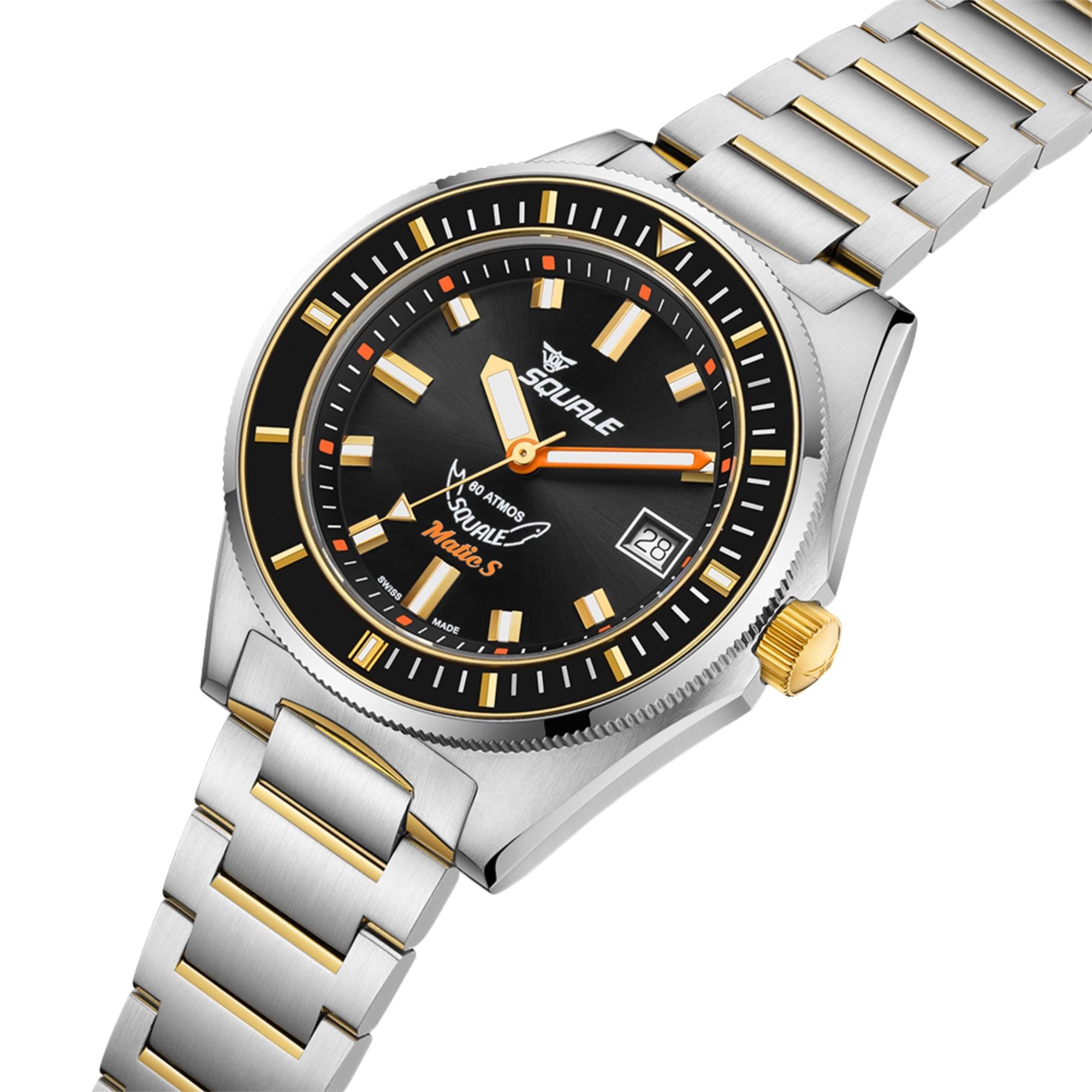 Steel automatic watch with black dial, gold markers, date window, and gold-toned crown