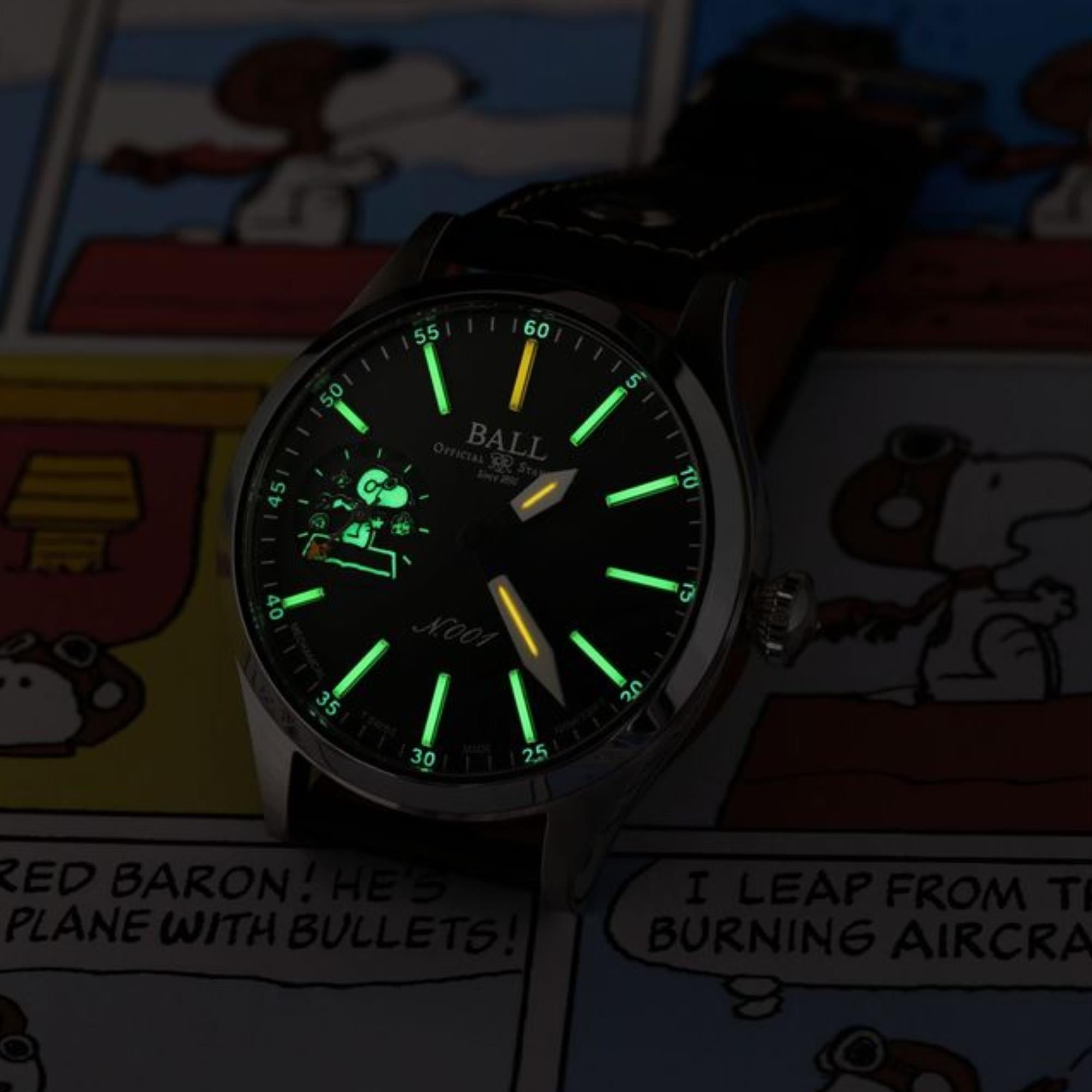 BALL Engineer Master II 46mm Snoopy Flying Ace Limited Edition Black Dial Leather Mens Manual-Wind Watch NM2638C-L2J-BK