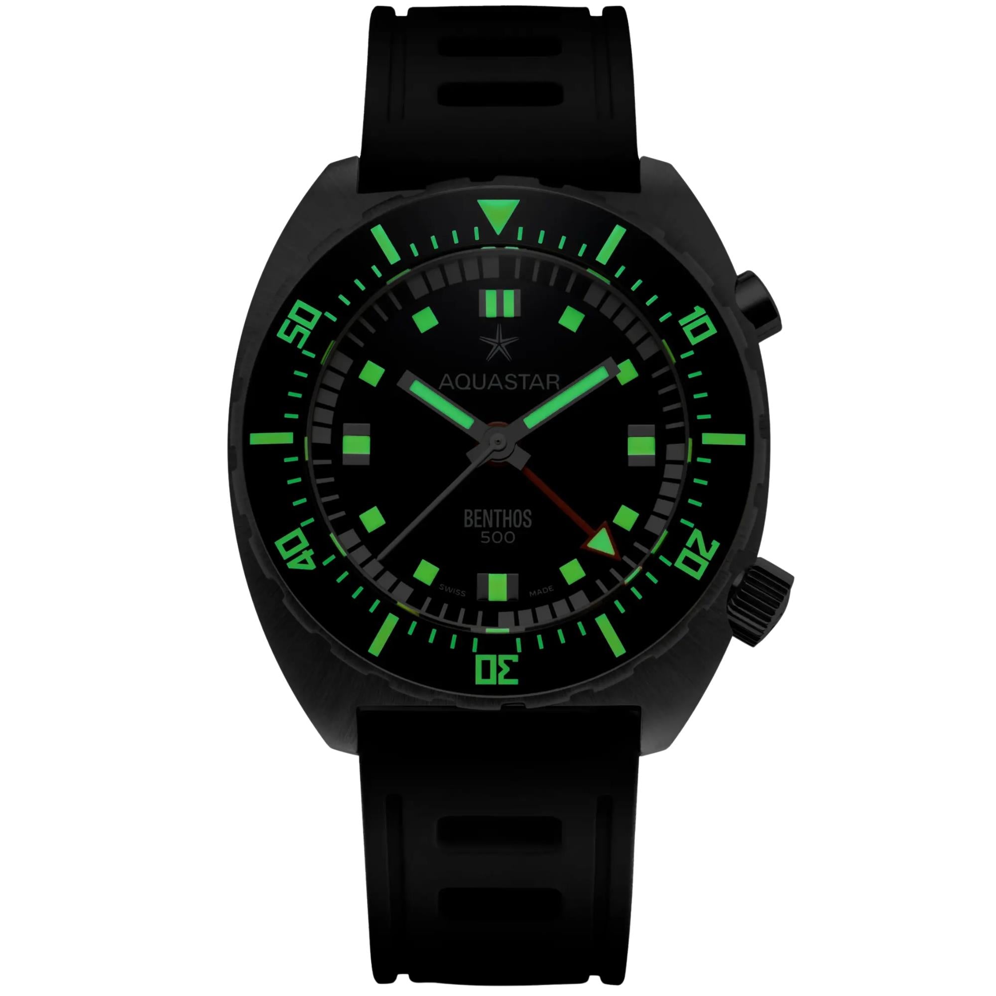 Aquastar Benthos 500 II 42mm Limited Edition Black Dial Rubber Strap Mens Automatic Watch BENTHOS-500