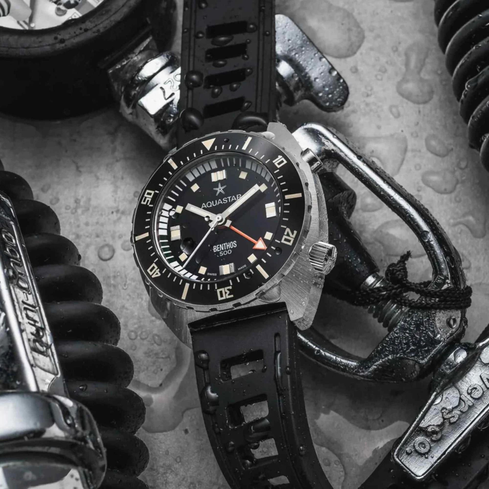 Aquastar Benthos 500 II 42mm Limited Edition Black Dial Rubber Strap Mens Automatic Watch BENTHOS-500