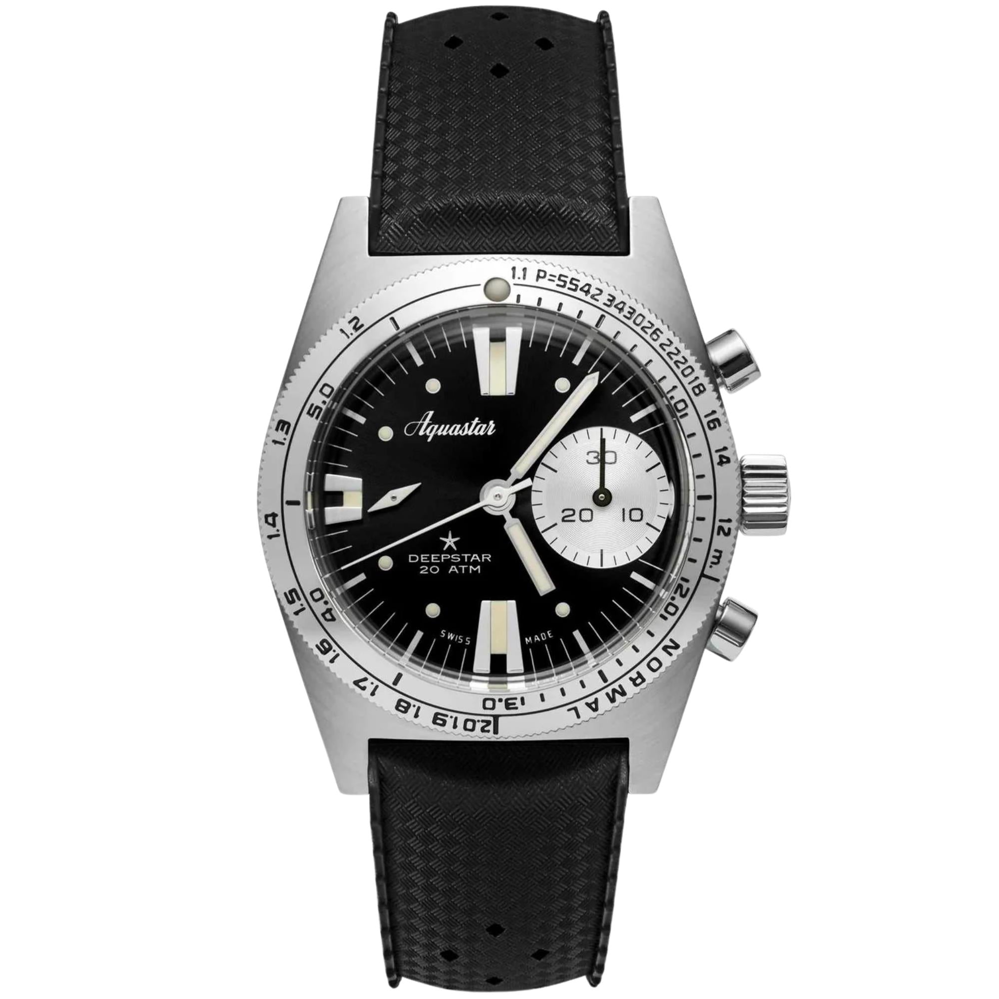 Aquastar Deepstar Vintage 39mm Chronograph Black Dial Rubber Mens Automatic Watch DS39-TRO VB