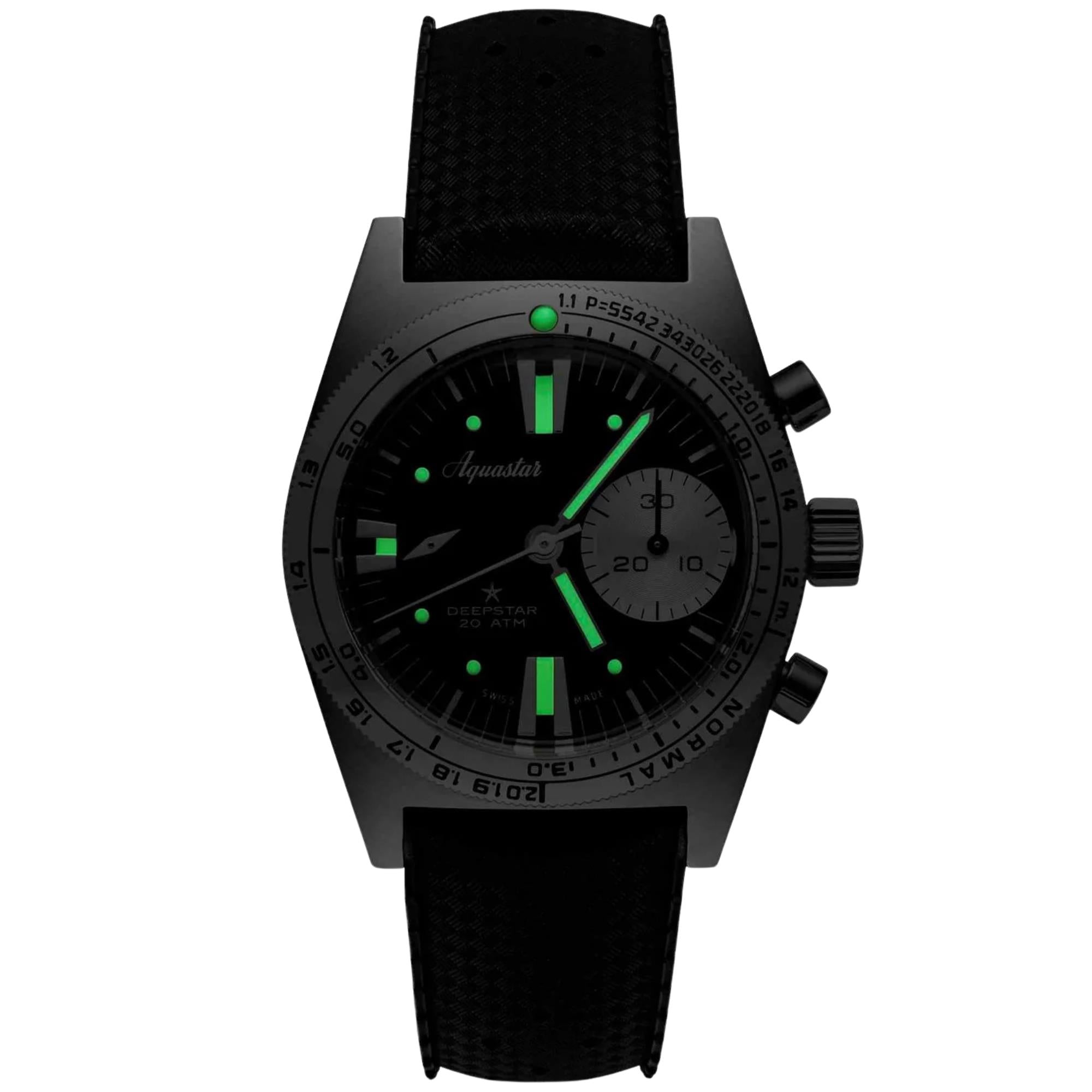 Aquastar Deepstar Vintage 39mm Chronograph Black Dial Rubber Mens Automatic Watch DS39-TRO VB