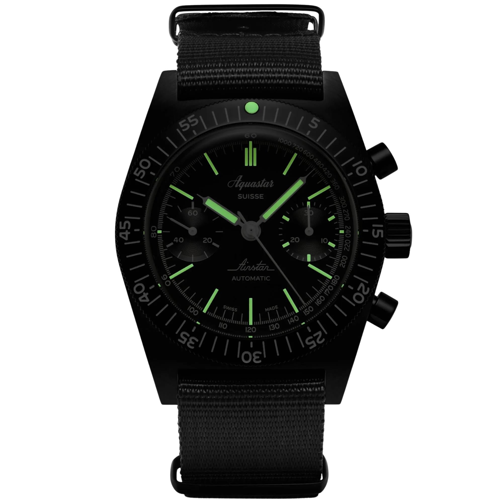 Aquastar Airstar 39mm Chronograph 60th Anniversary Re-Edition Black Dial NATO & Tropic Mens Automatic Watch AIRSTAR-DLC