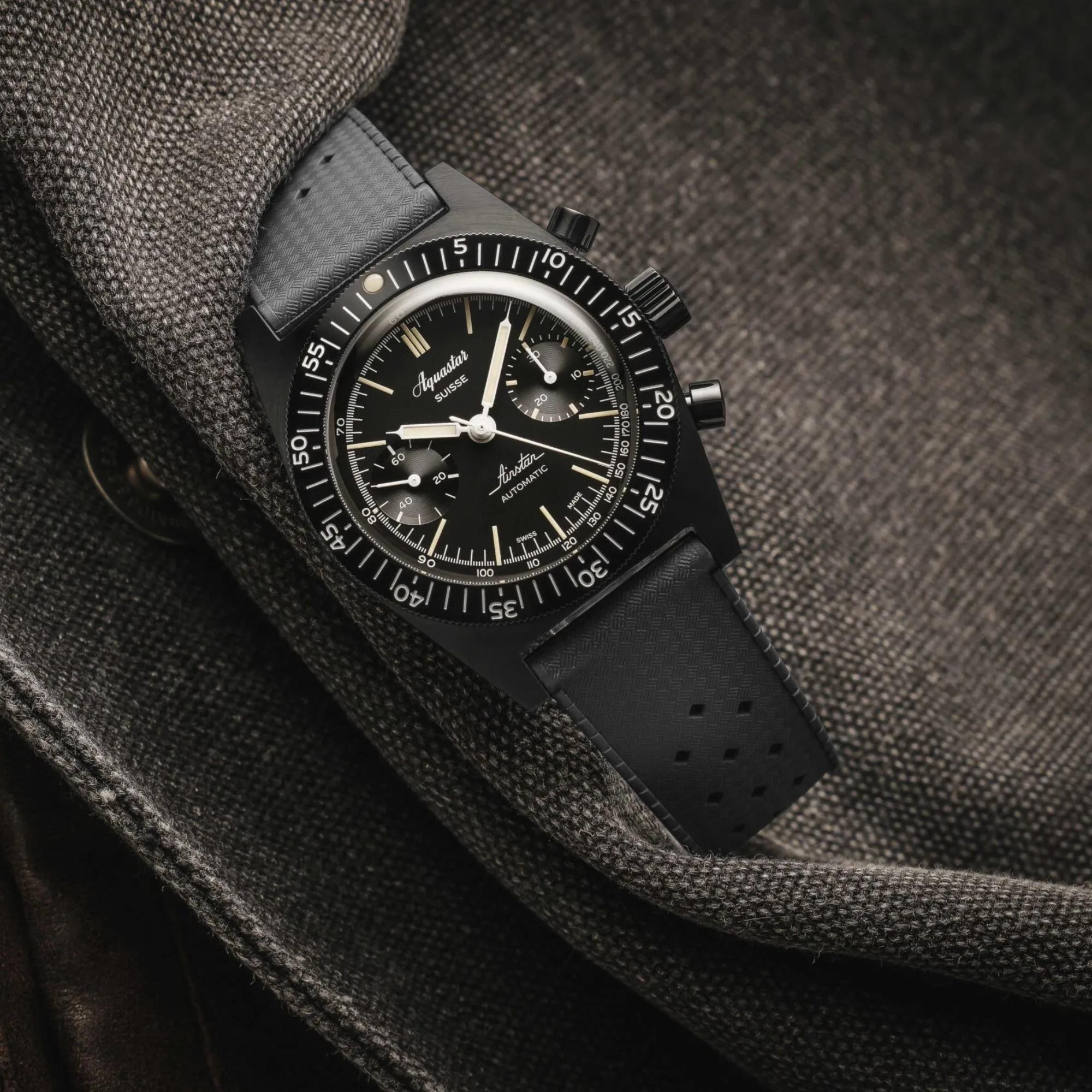 Aquastar Airstar 39mm Chronograph 60th Anniversary Re-Edition Black Dial NATO & Tropic Mens Automatic Watch AIRSTAR-DLC