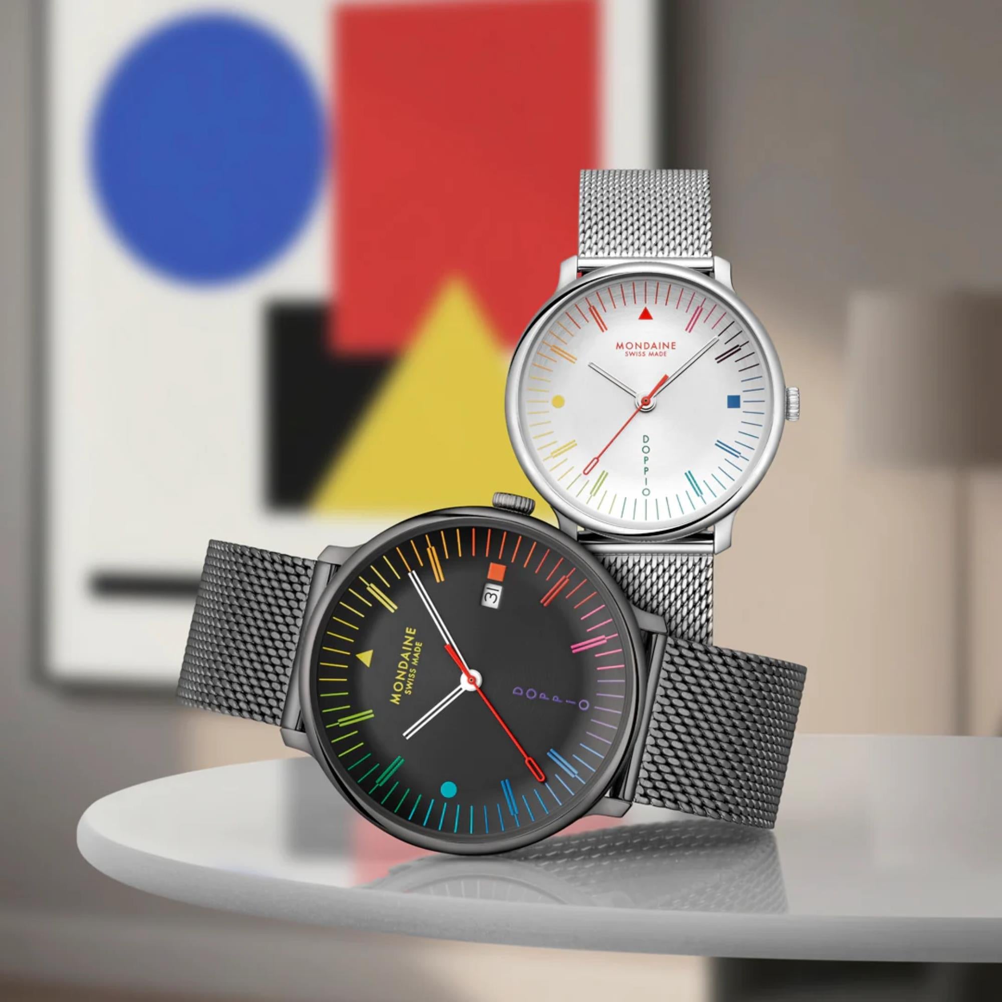Mondaine Doppio Bauhaus Inspired 41mm Black Dial Steel Mens Quartz Watch MLE.41221.SM