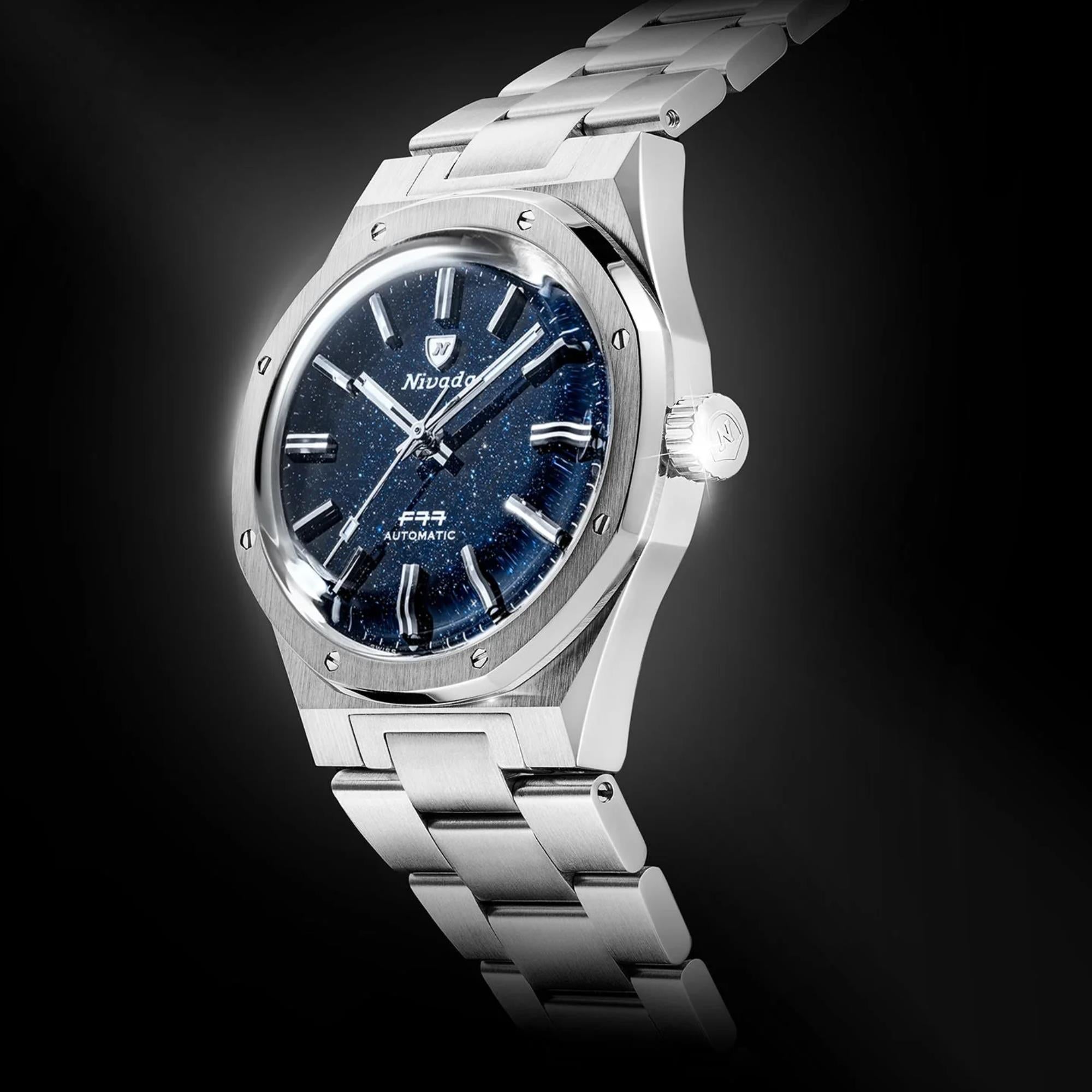 Nivada Grenchen F77 MK1 37mm Dark Blue Dial Steel Mens Automatic Watch 68010A77