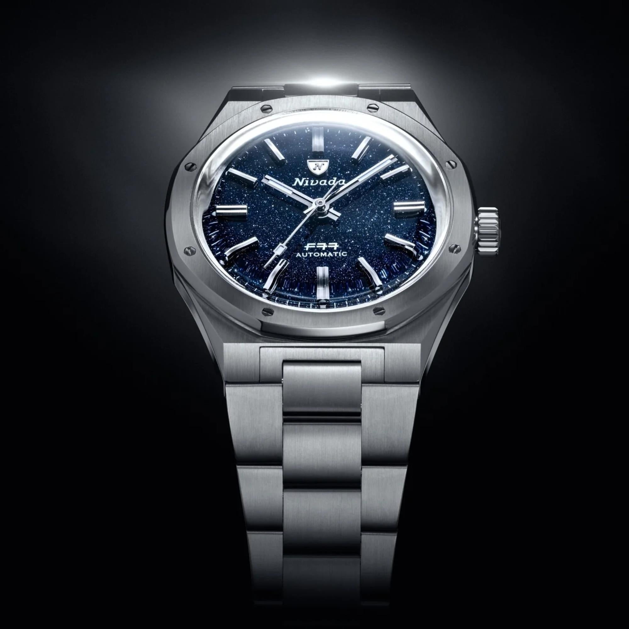 Nivada Grenchen F77 MK1 37mm Dark Blue Dial Steel Mens Automatic Watch 68010A77