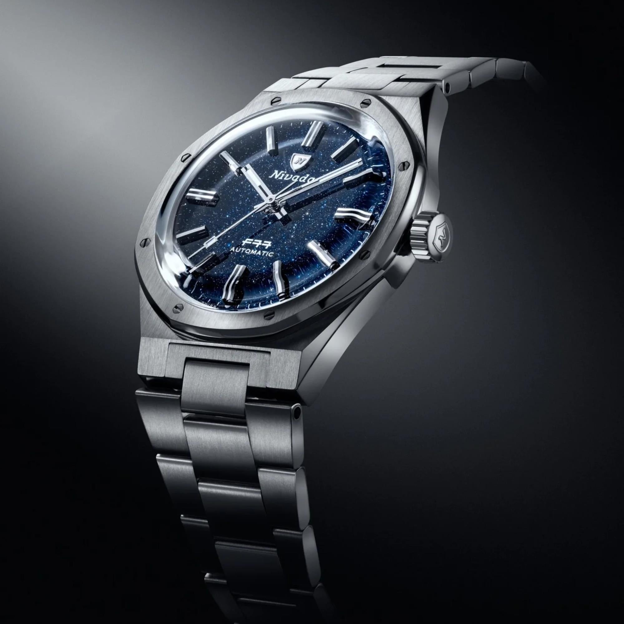 Nivada Grenchen F77 MK1 37mm Dark Blue Dial Steel Mens Automatic Watch 68010A77