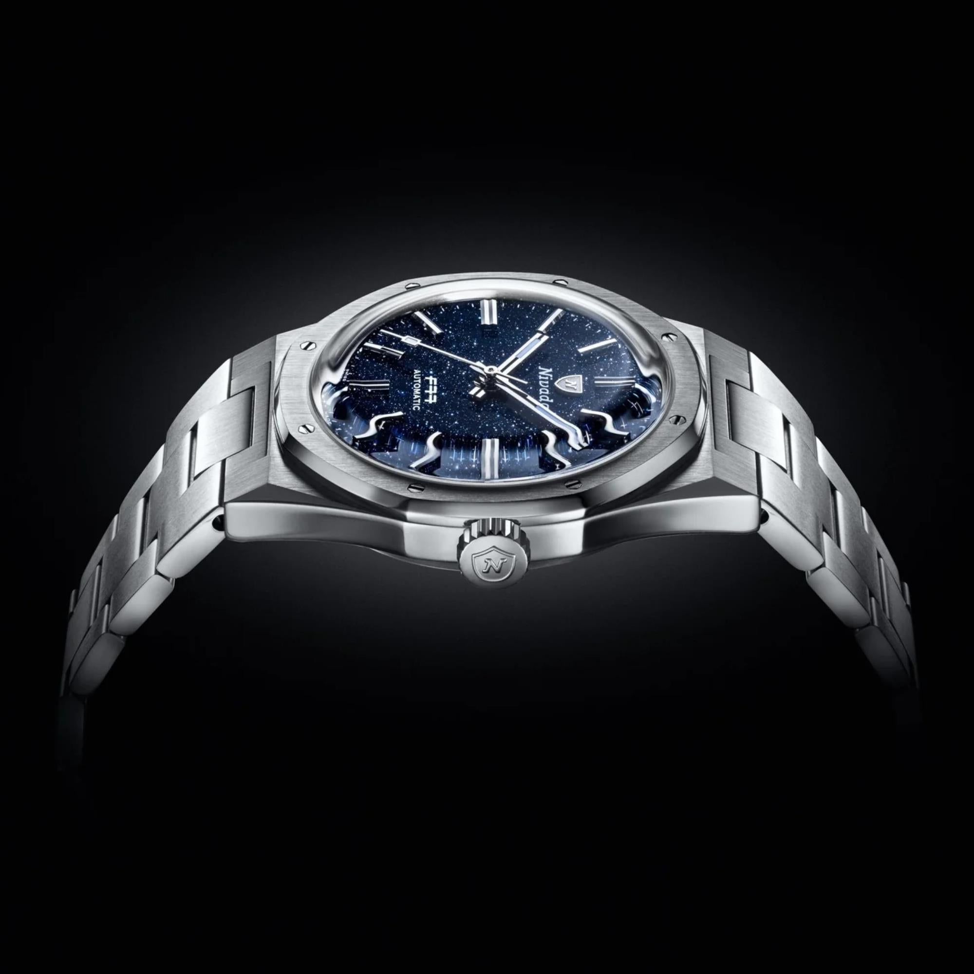 Nivada Grenchen F77 MK1 37mm Dark Blue Dial Steel Mens Automatic Watch 68010A77