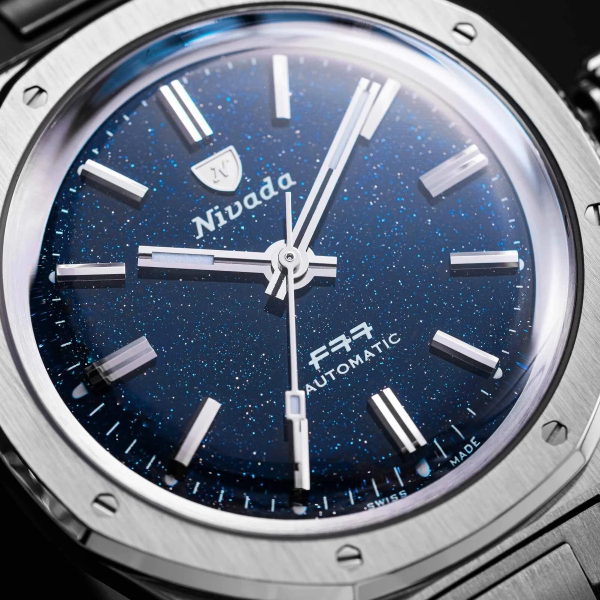 Nivada Grenchen F77 MK1 37mm Dark Blue Dial Steel Mens Automatic Watch 68010A77