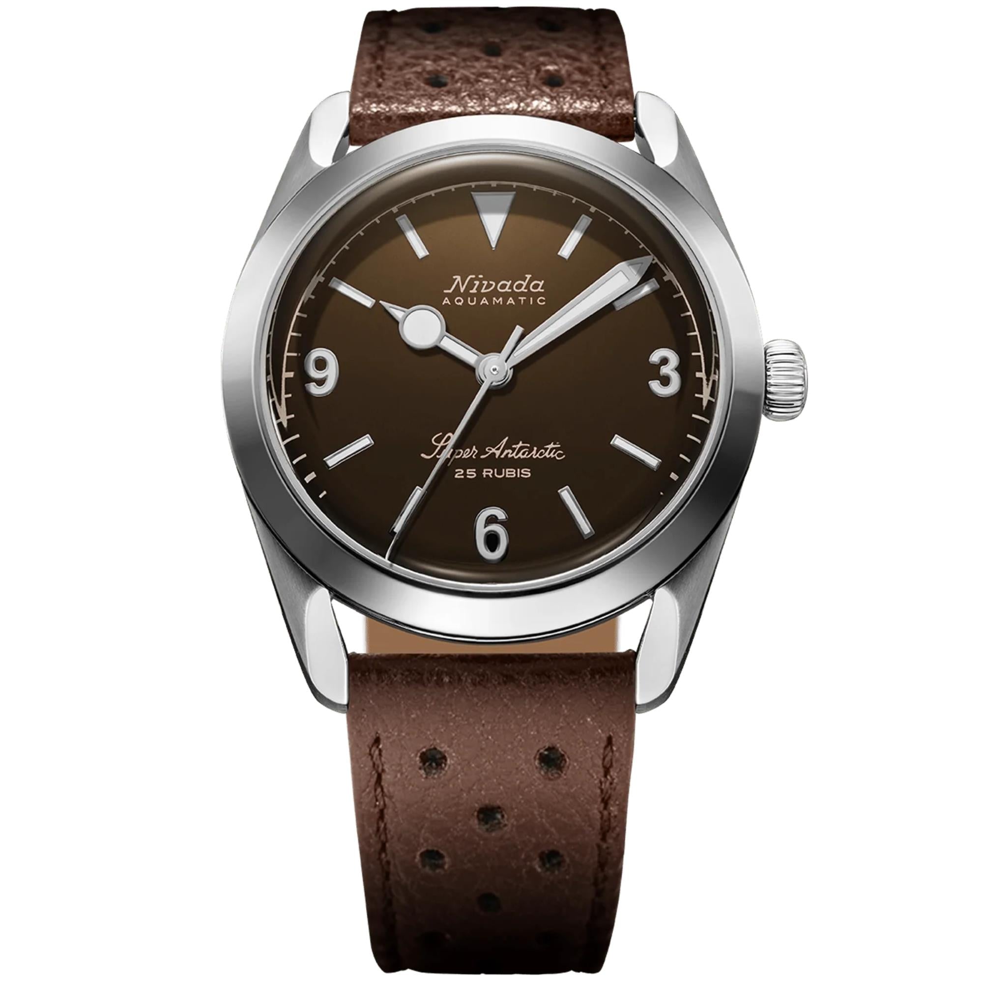 Nivada Grenchen Super Antarctic 38mm Brown Dial Leather Mens Automatic Watch 32040A23