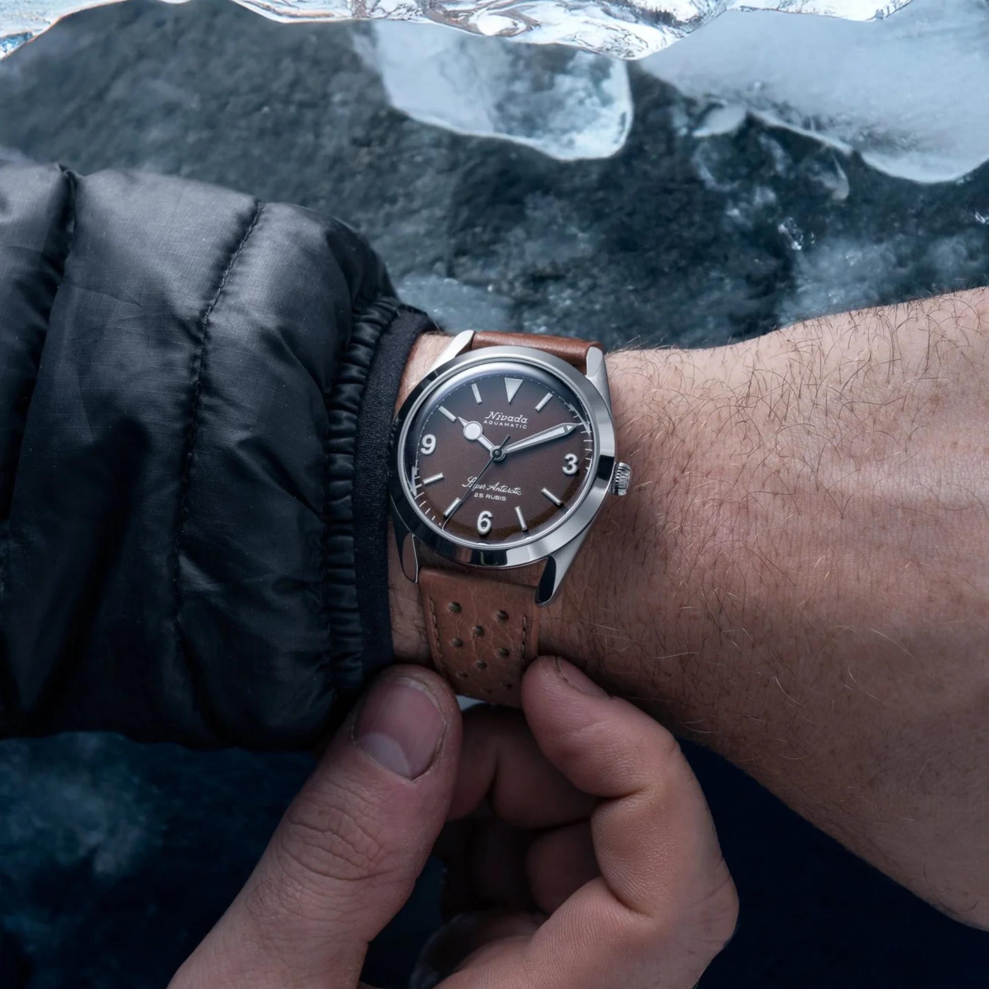 Nivada Grenchen Super Antarctic 38mm Brown Dial Leather Mens Automatic Watch 32040A23