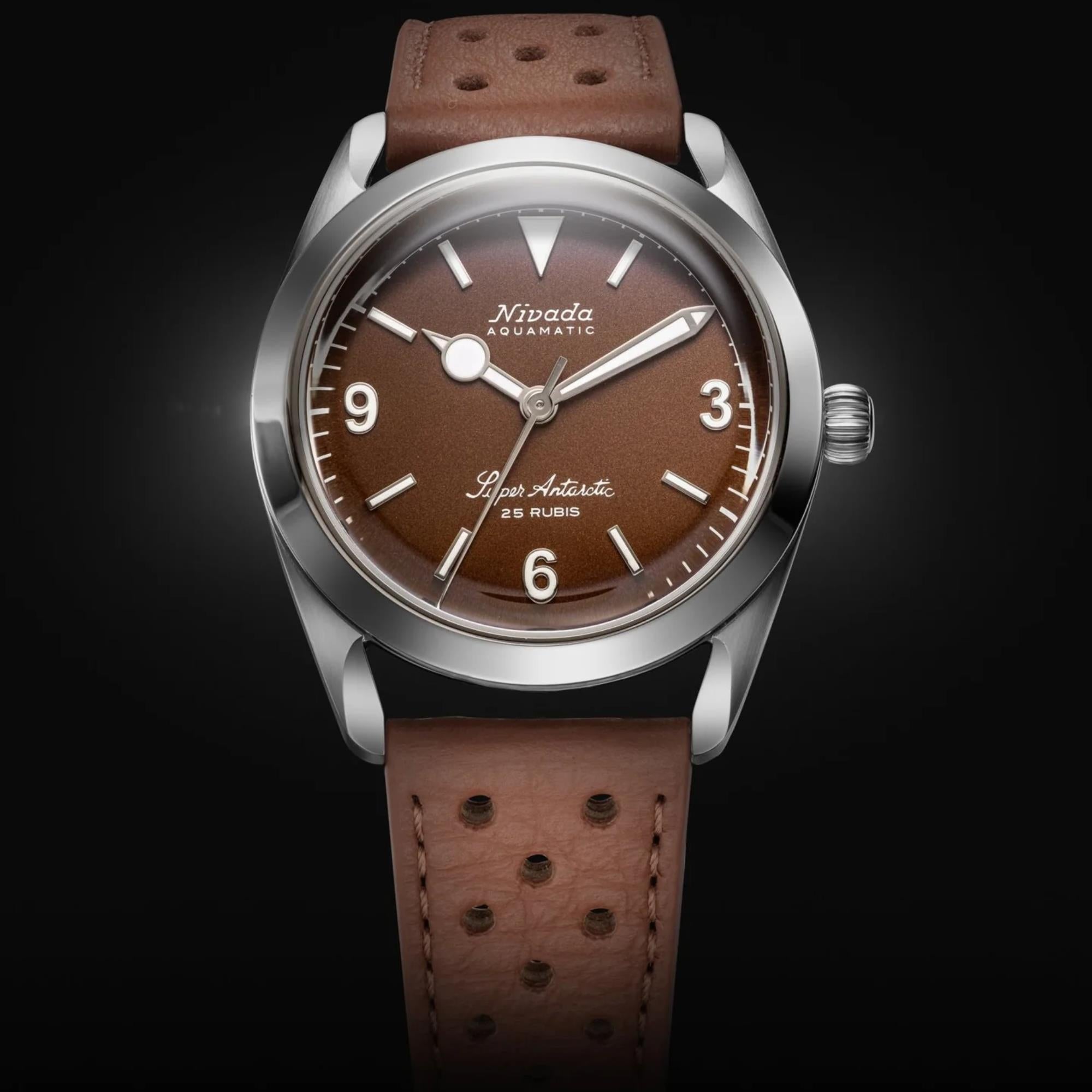 Nivada Grenchen Super Antarctic 38mm Brown Dial Leather Mens Automatic Watch 32040A23