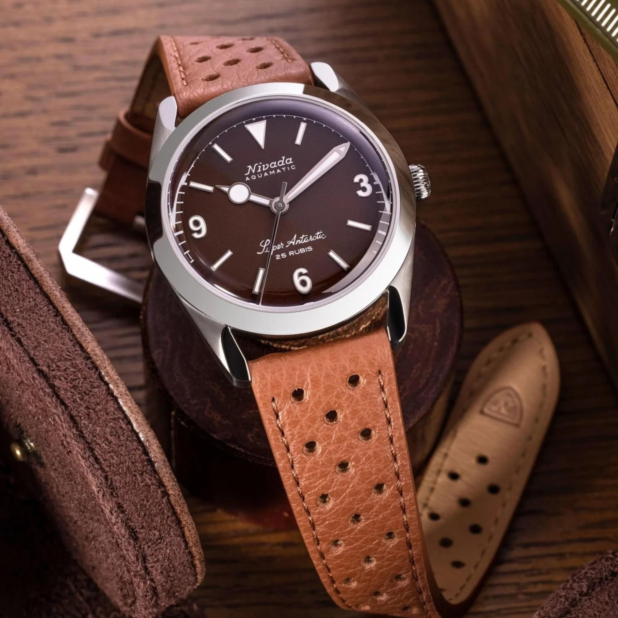 Nivada Grenchen Super Antarctic 38mm Brown Dial Leather Mens Automatic Watch 32040A23