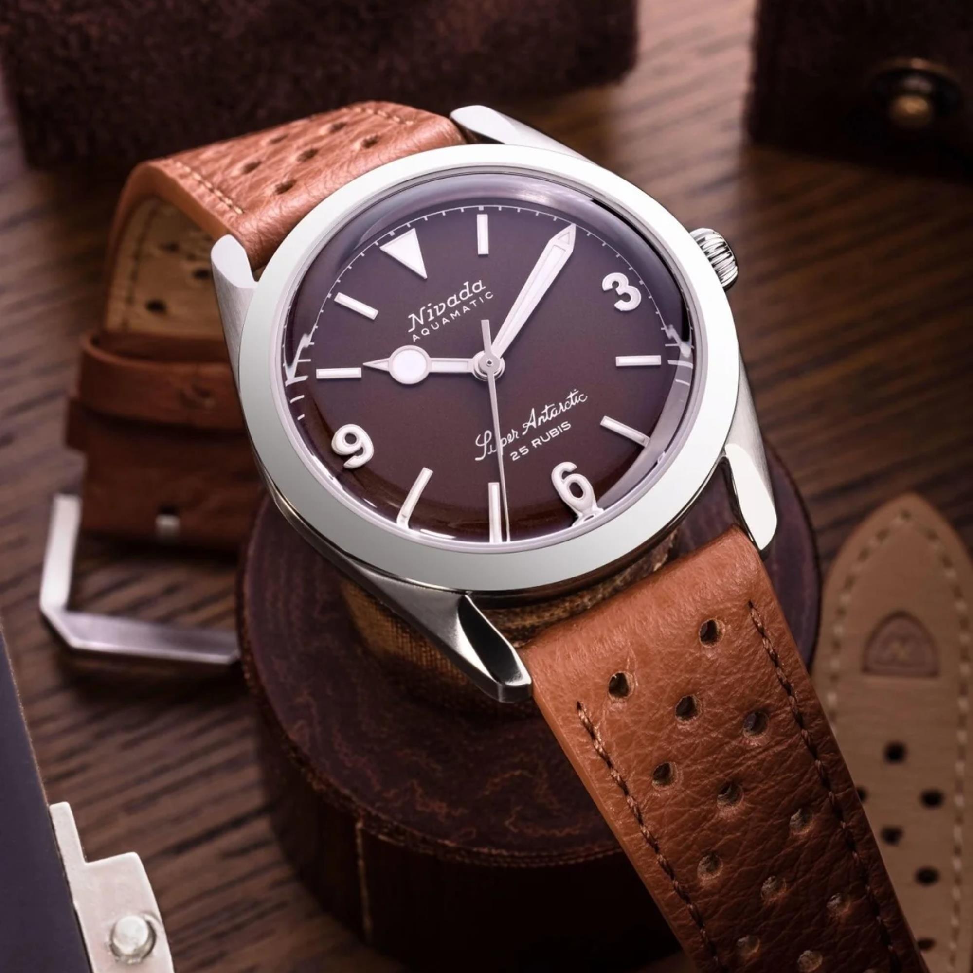 Nivada Grenchen Super Antarctic 38mm Brown Dial Leather Mens Automatic Watch 32040A23