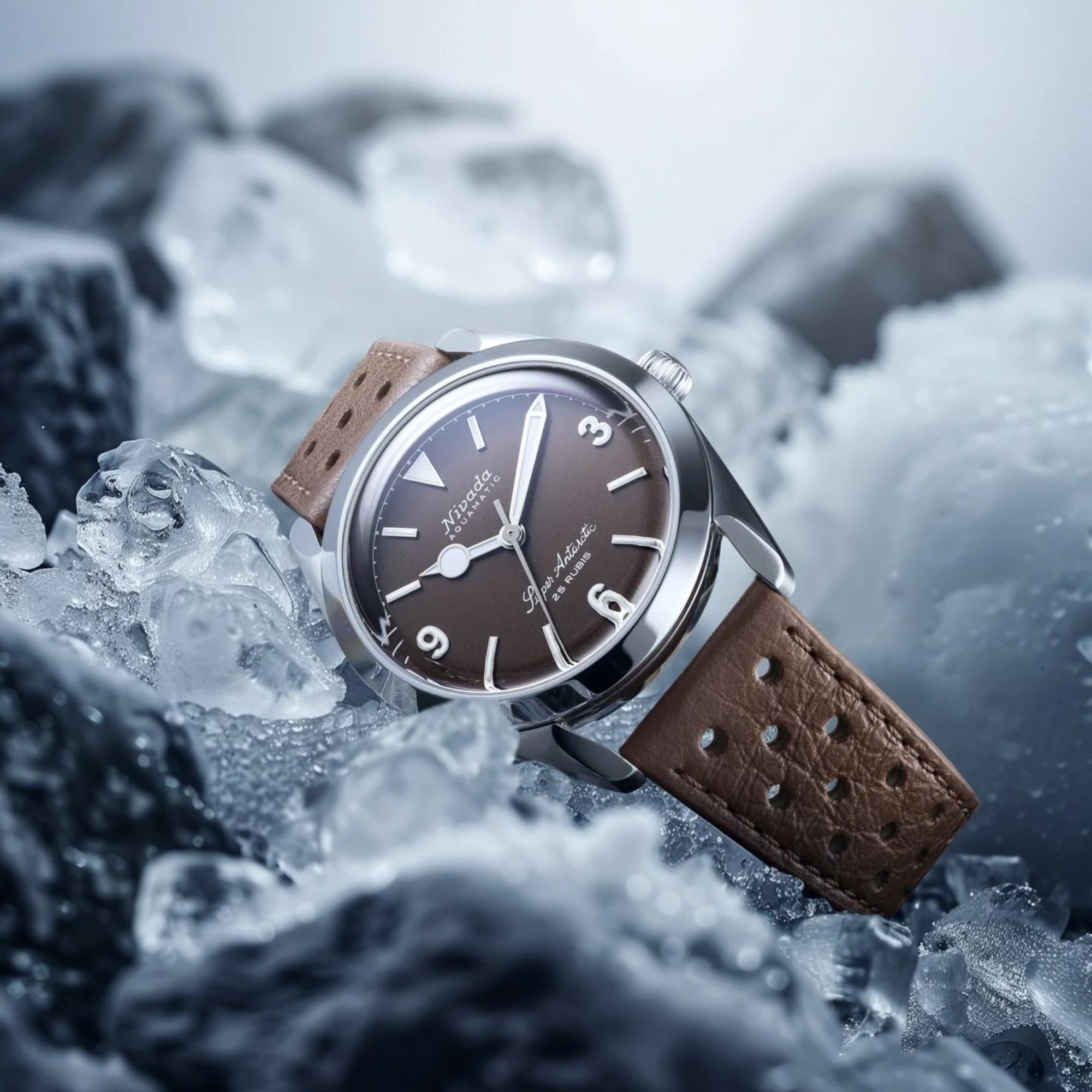 Nivada Grenchen Super Antarctic 38mm Brown Dial Leather Mens Automatic Watch 32040A23
