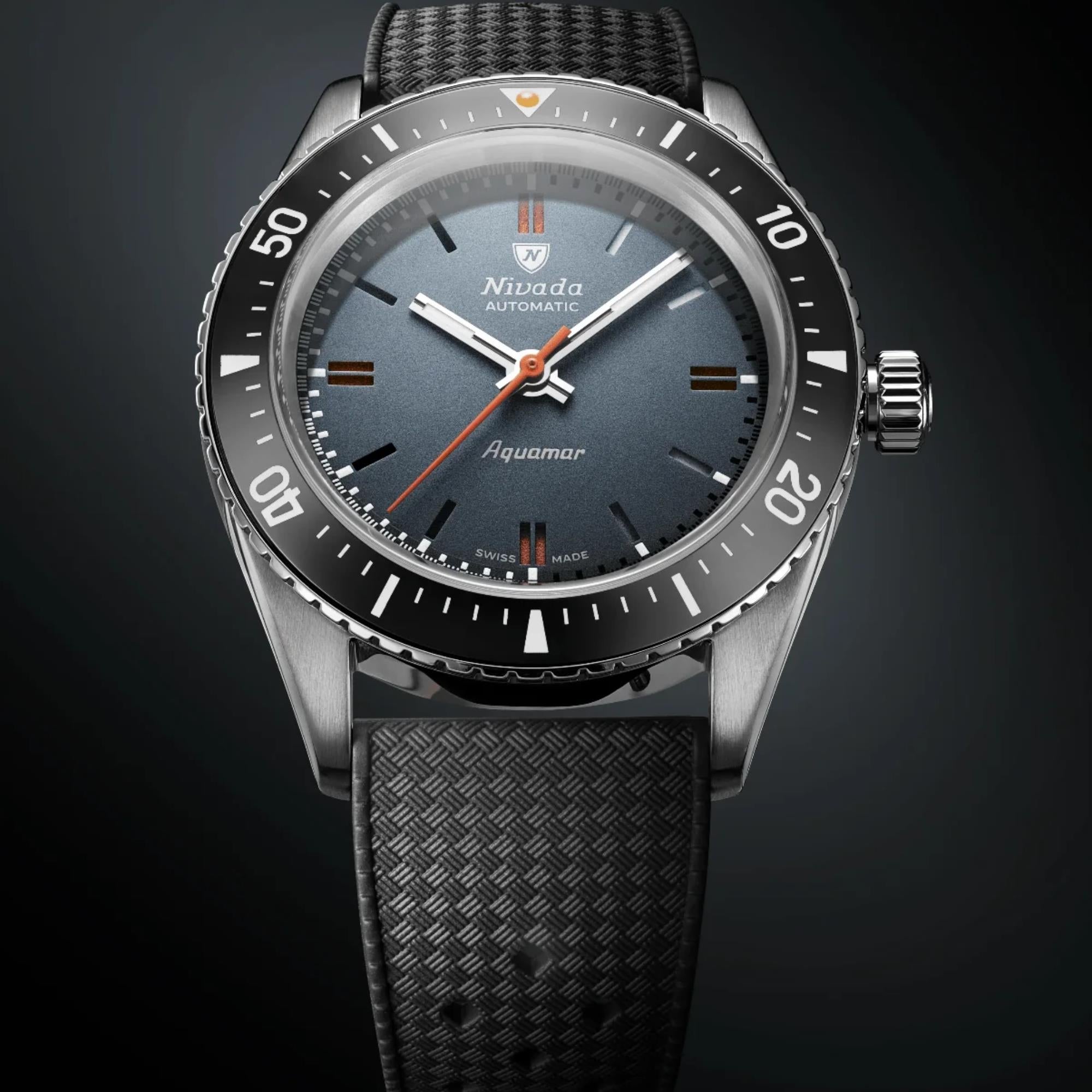 Nivada Grenchen Aquamar 38mm Grey Dial Rubber Mens Automatic Watch 32077A01