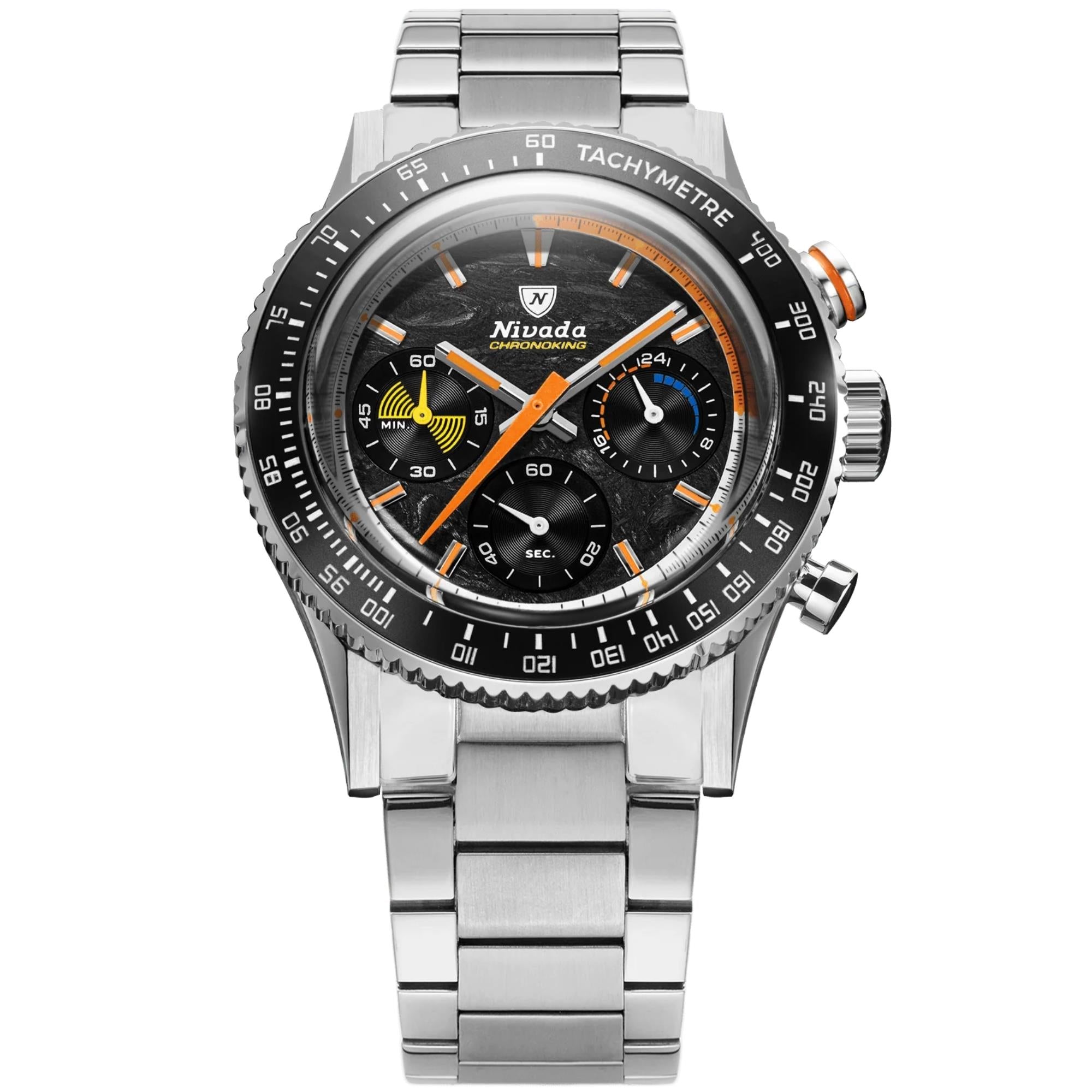 Nivada Grenchen Chronoking Mecaquartz 38mm Black Dial Steel Mens Quartz Watch 87049Q20