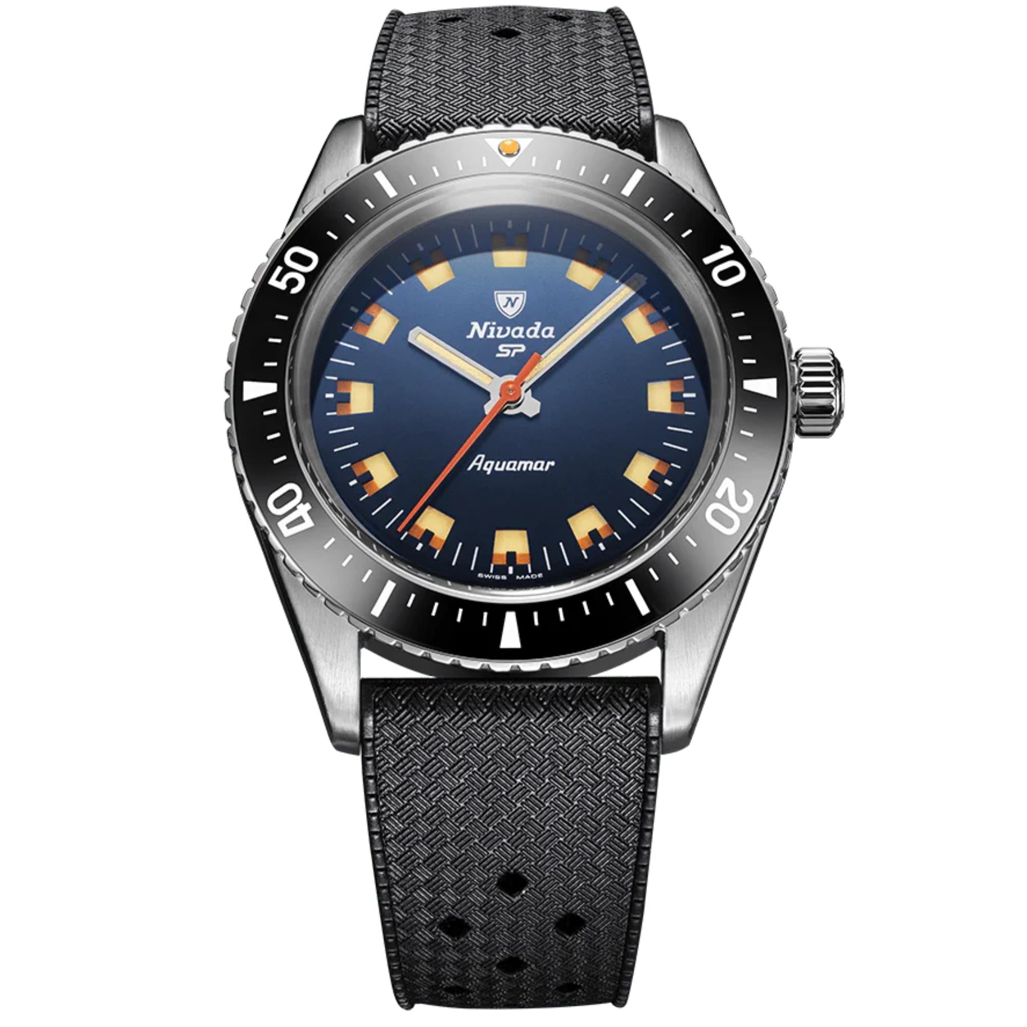 Nivada Grenchen Aquamar 38mm Blue Dial Rubber Mens Automatic Watch 32074A01