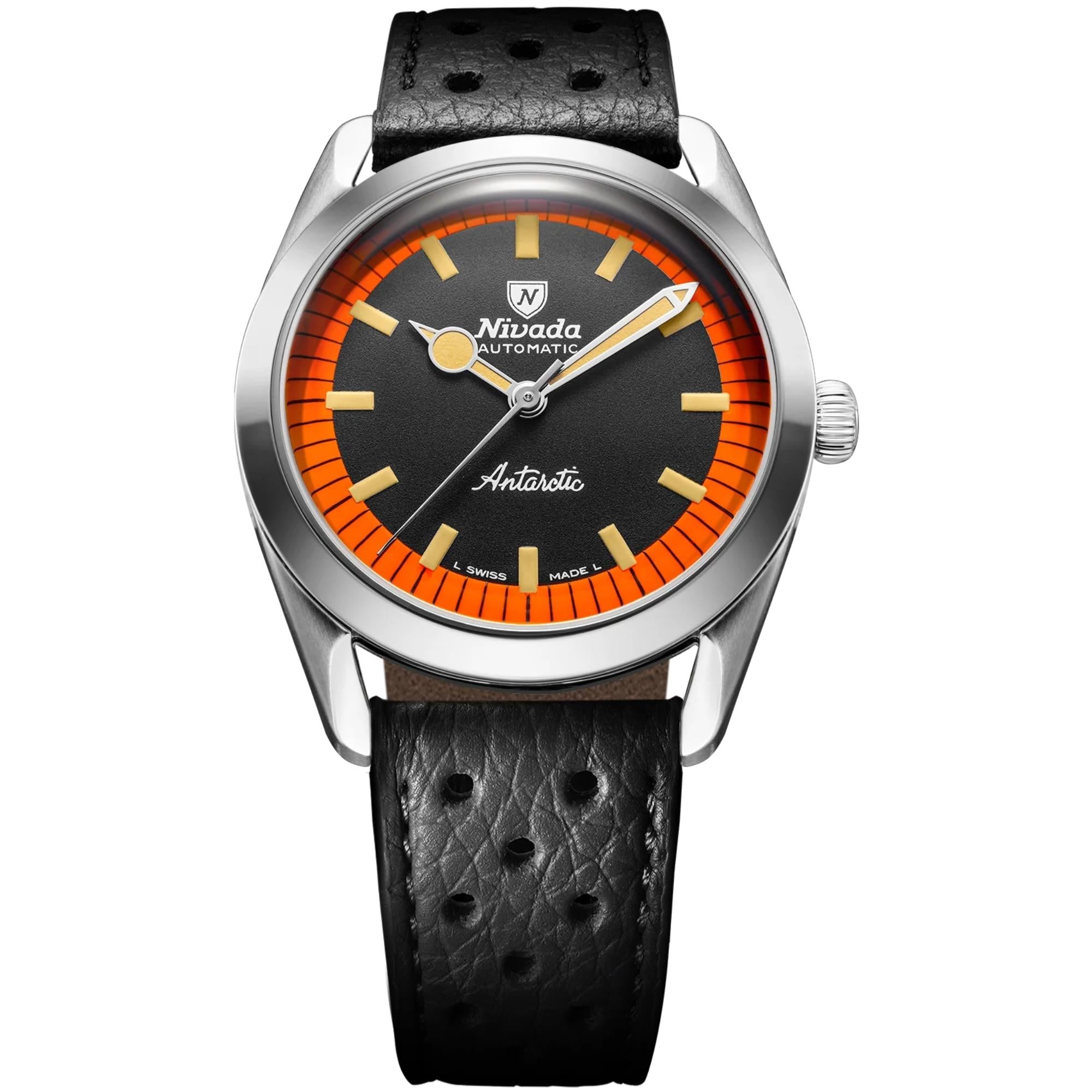 Nivada Grenchen Super Antarctic 38mm Limited Edition Black Dial Leather Mens Automatic Watch 32057A10