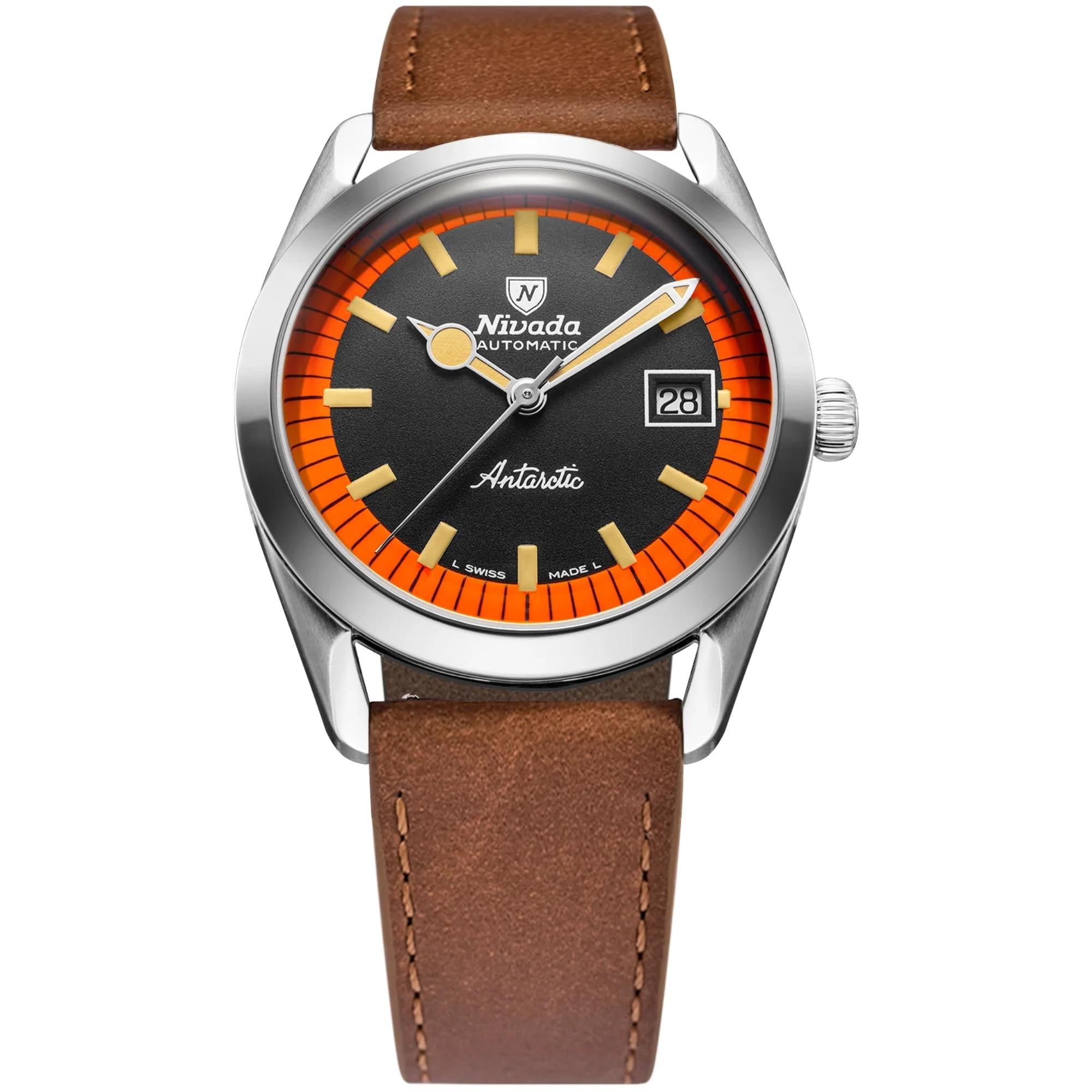 Nivada Grenchen Super Antarctic 38mm Limited Edition Black Dial Leather Mens Automatic Watch 32056A16