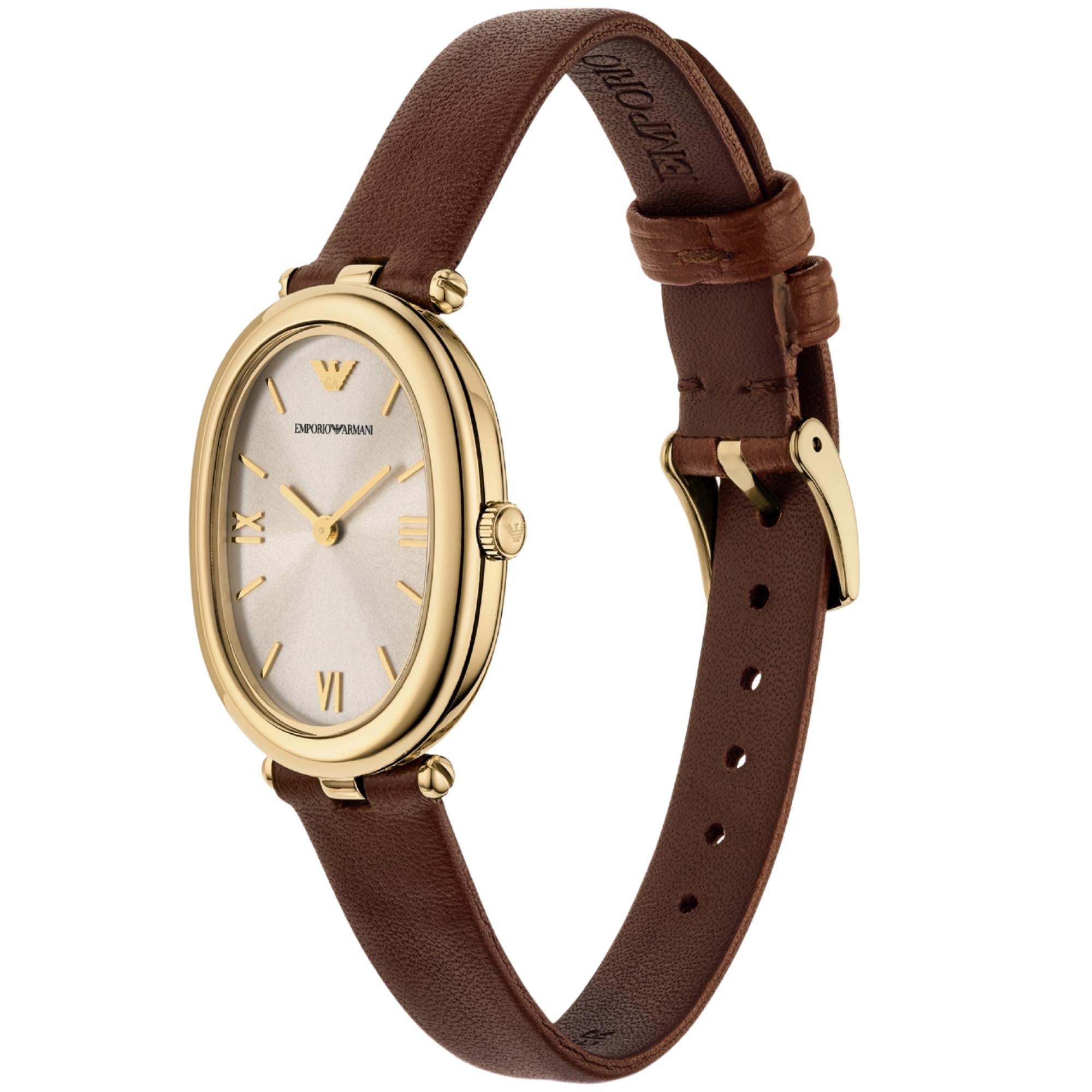 Emporio Armani Sinfonia AR11708 brown leather strap and gold-tone case detail