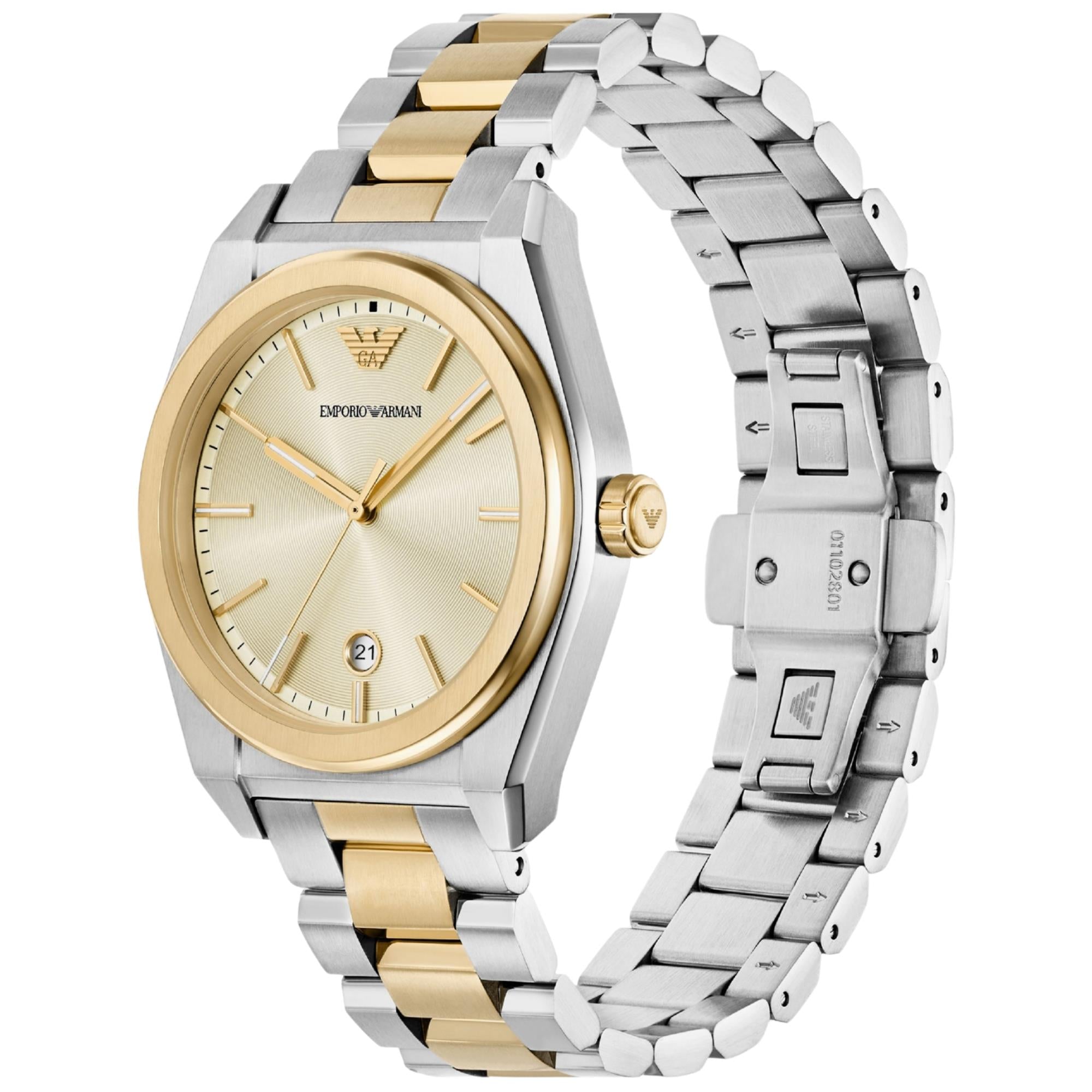 Emporio Armani Federico AR11716 cream dial side view showing crown and case angle