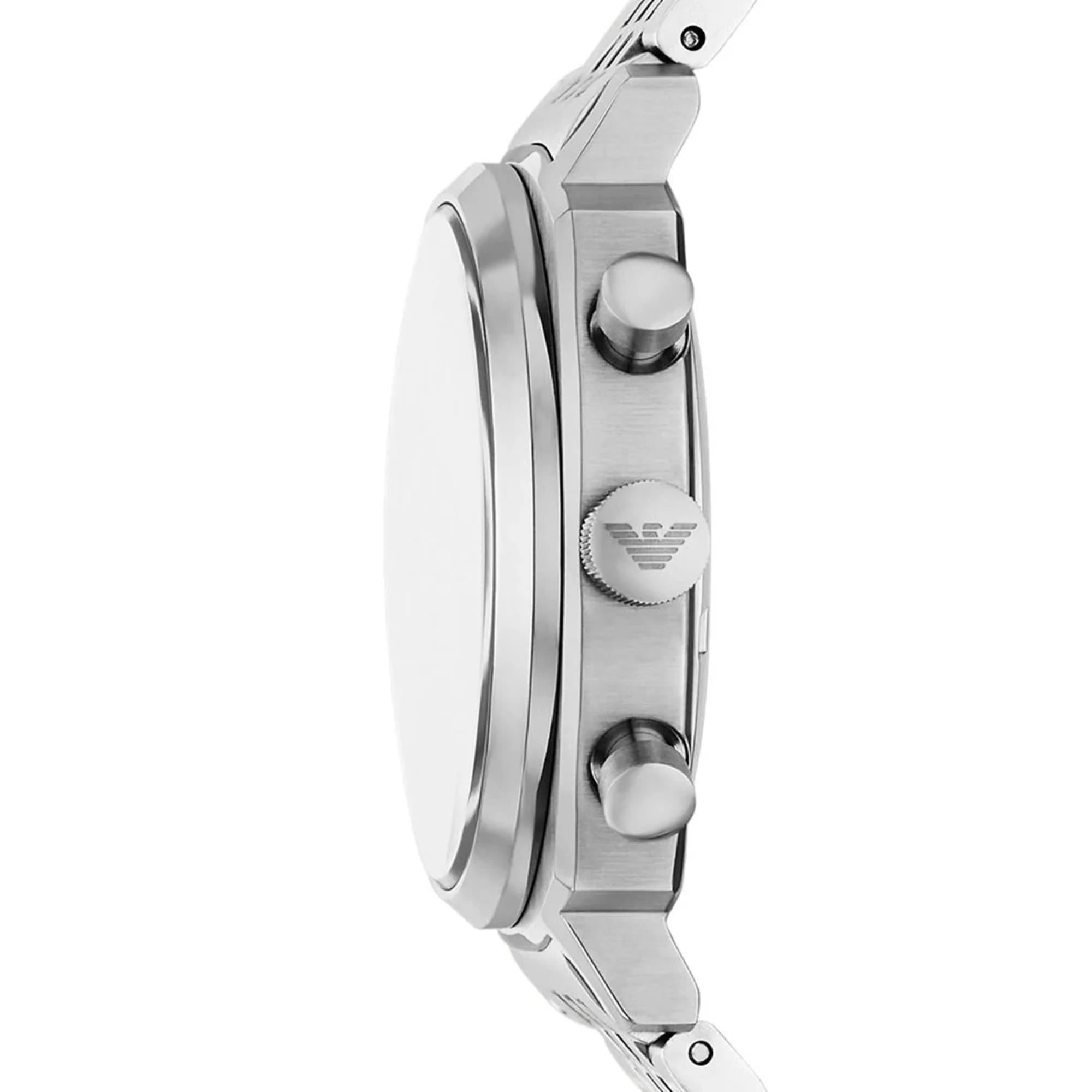 Stainless steel watch case side view with crown and chronograph pushers