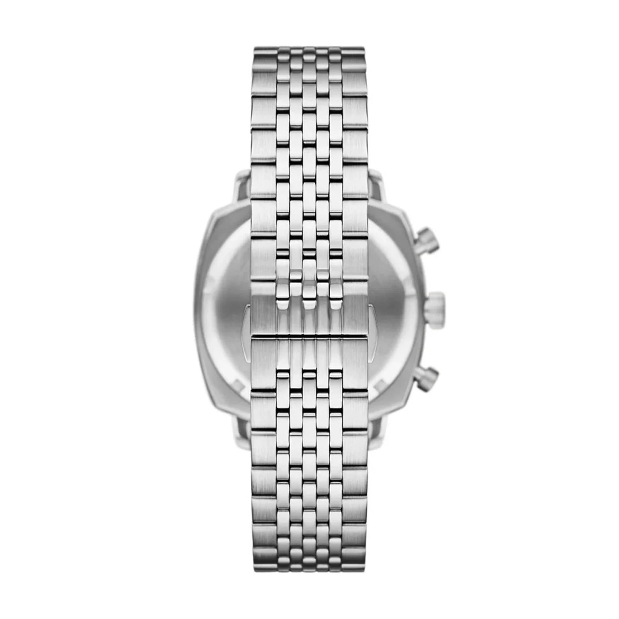 Stainless steel watch rear view with metal bracelet and crown side