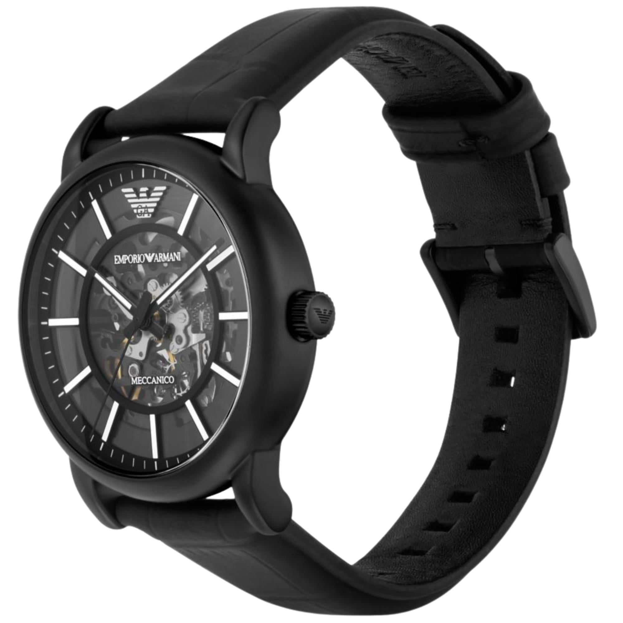 Men's skeleton automatic watch with black dial, visible movement, and black leather strap.