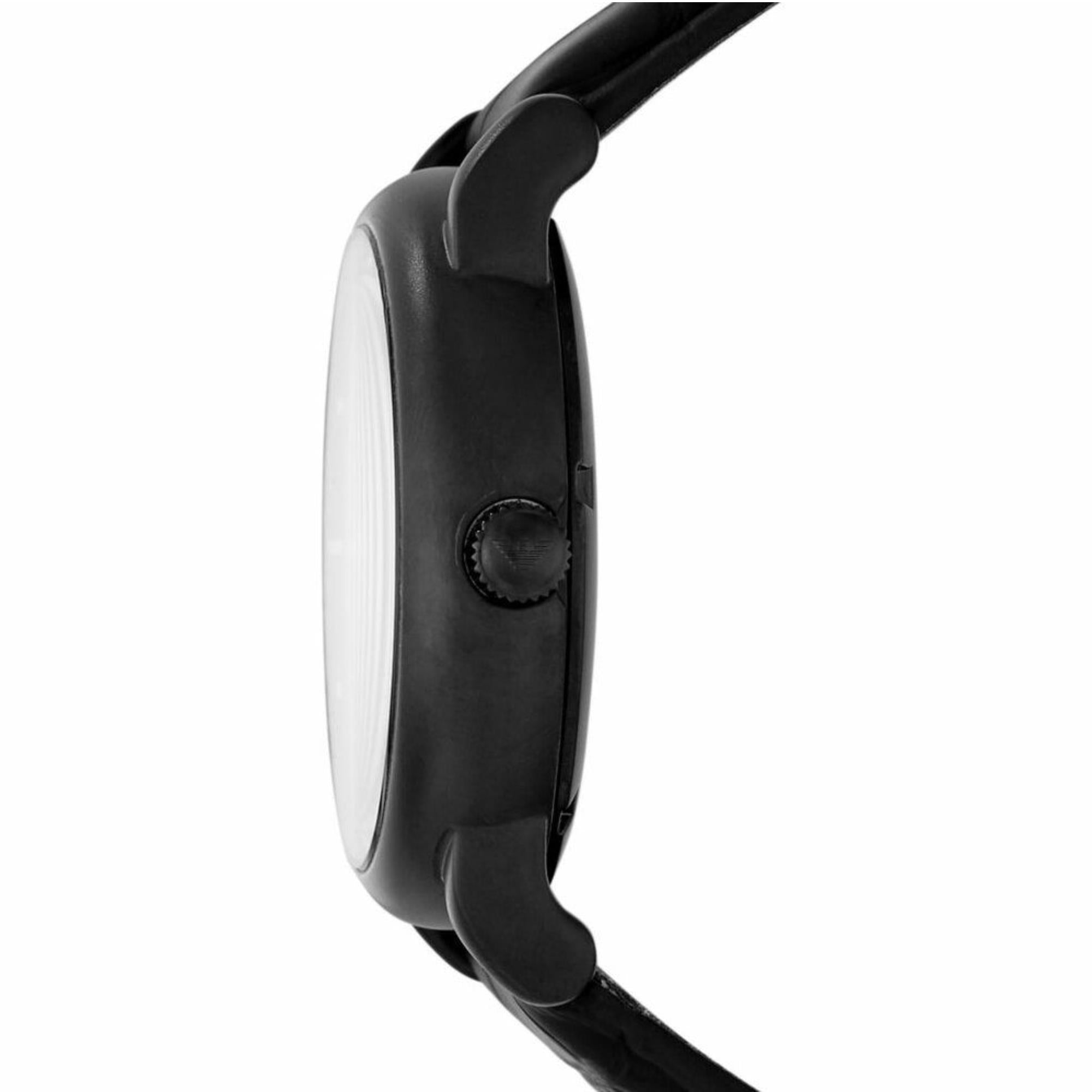 Black automatic watch case side view with crown, paired with a black leather strap.