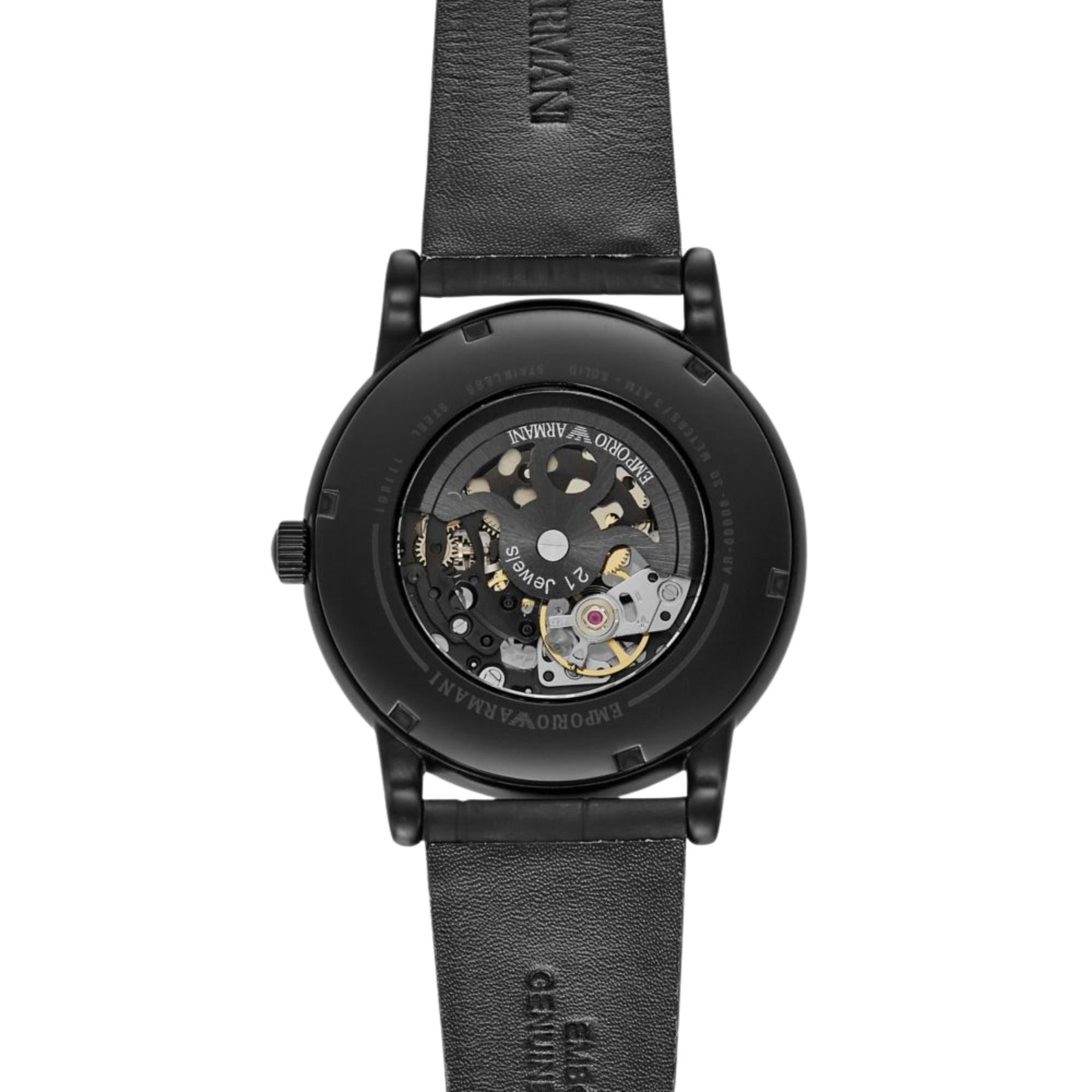 Men's skeleton automatic watch back view with exposed movement and black leather strap.