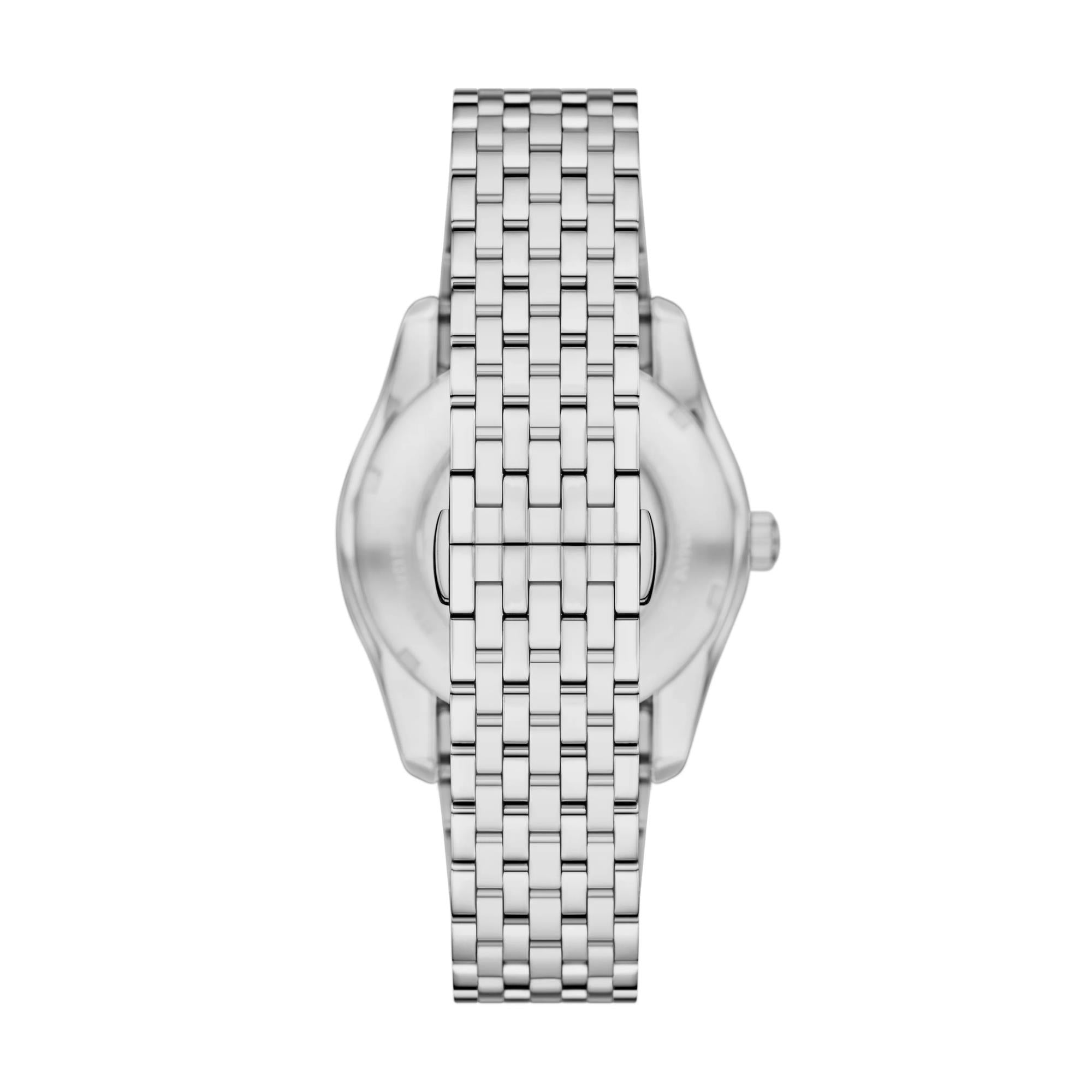 Steel link bracelet watch, side profile with crown and polished case.