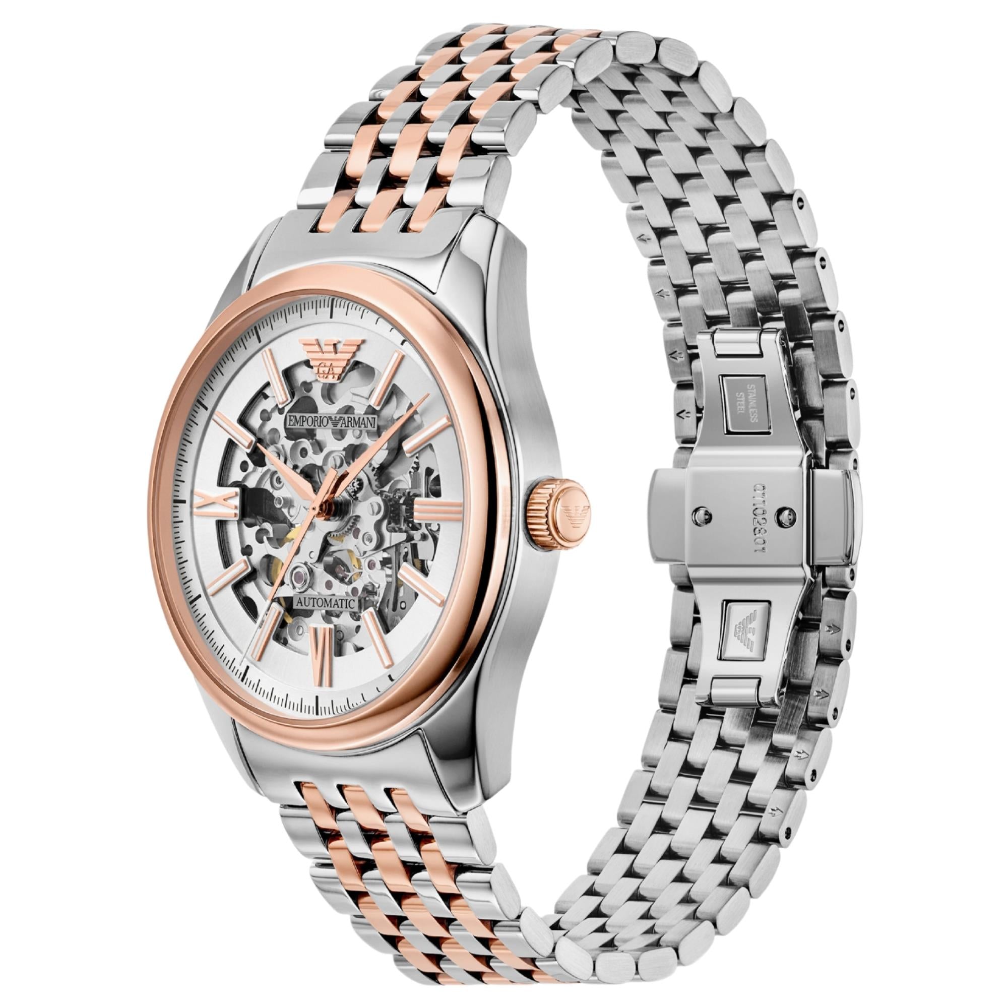 Automatic skeleton dial watch on steel link bracelet, rose-gold crown and case side