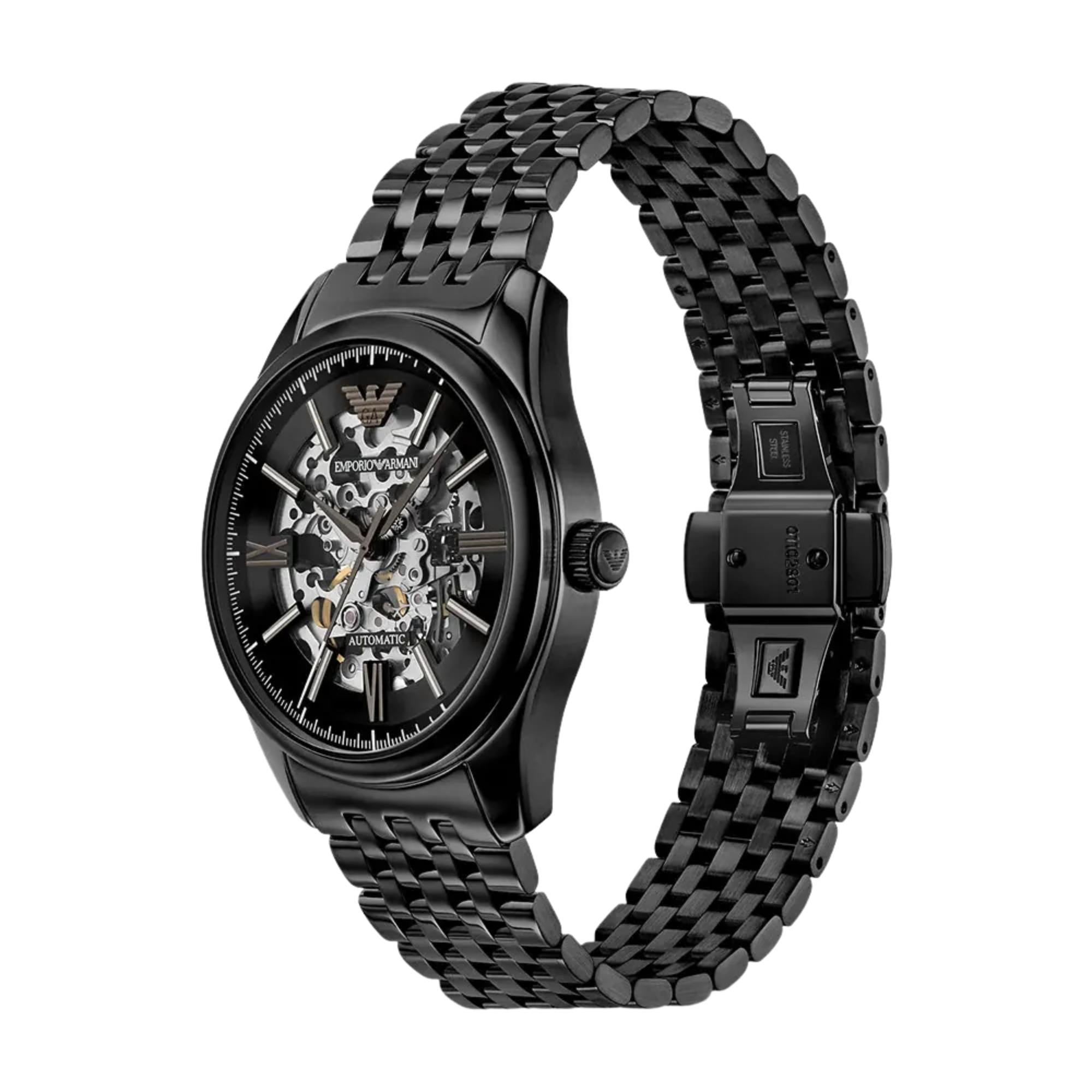 Emporio Armani Antonio AR60093 angled view showing open deployment clasp and inner steel bracelet