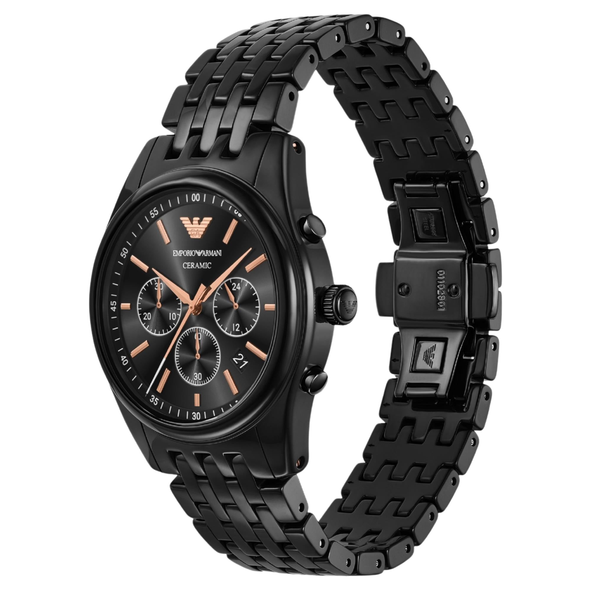 Black ceramic chronograph watch, black dial with rose-gold hands, textured link bracelet