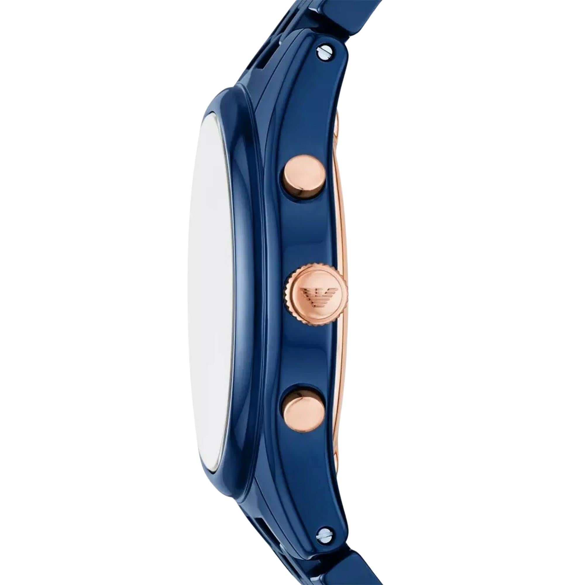 Blue ceramic watch with rose-gold crown and pushers, side profile view