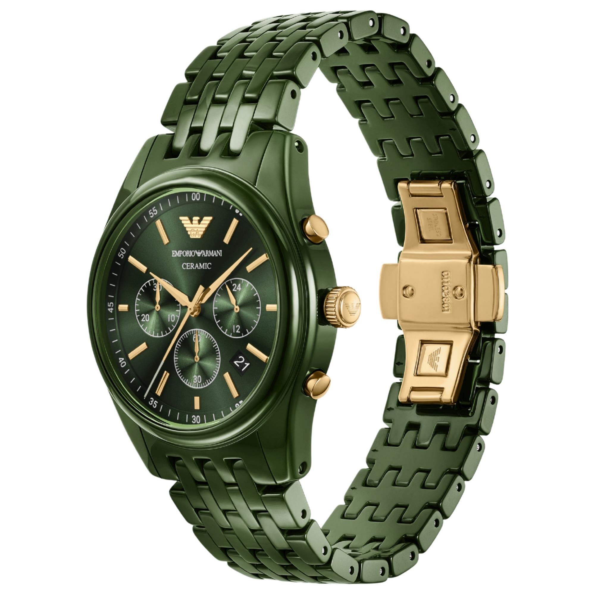 Emporio Armani Antonio AR70017 green ceramic bracelet and open gold-tone deployment clasp detail