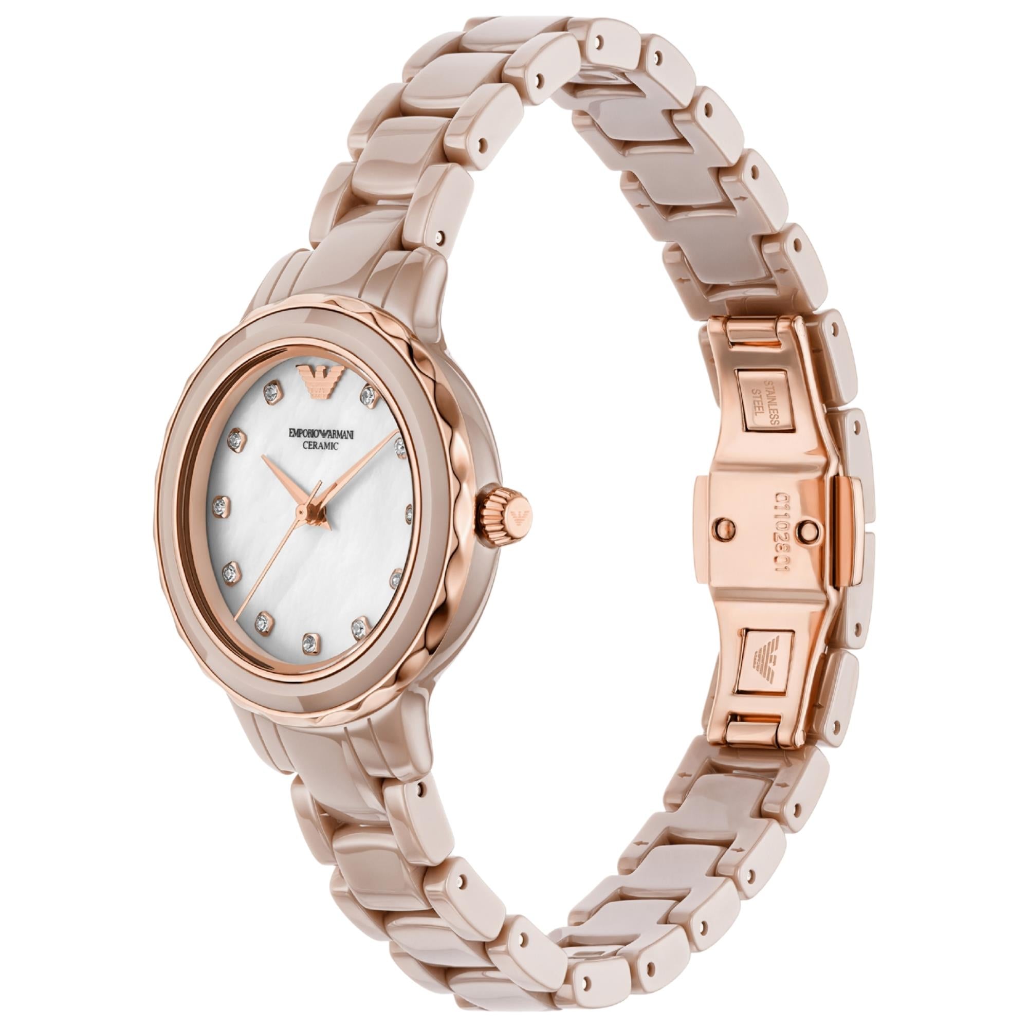 Emporio Armani Cleo AR70018 rose gold stainless steel clasp and ceramic bracelet detail