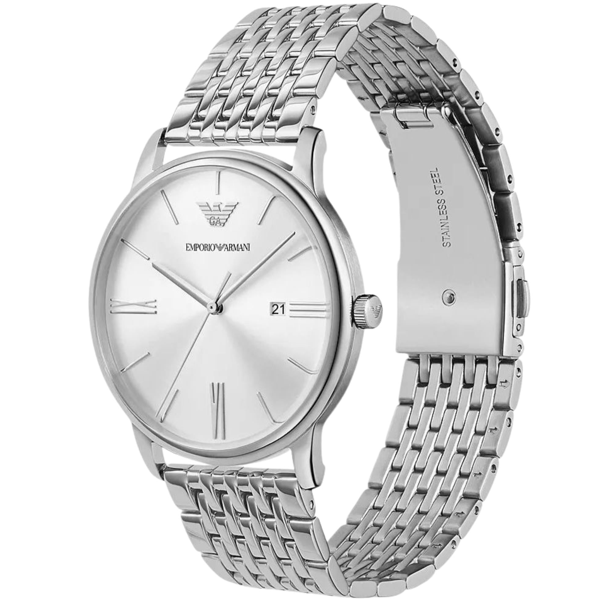 Men's silver dial stainless steel quartz watch, polished case and braided link bracelet