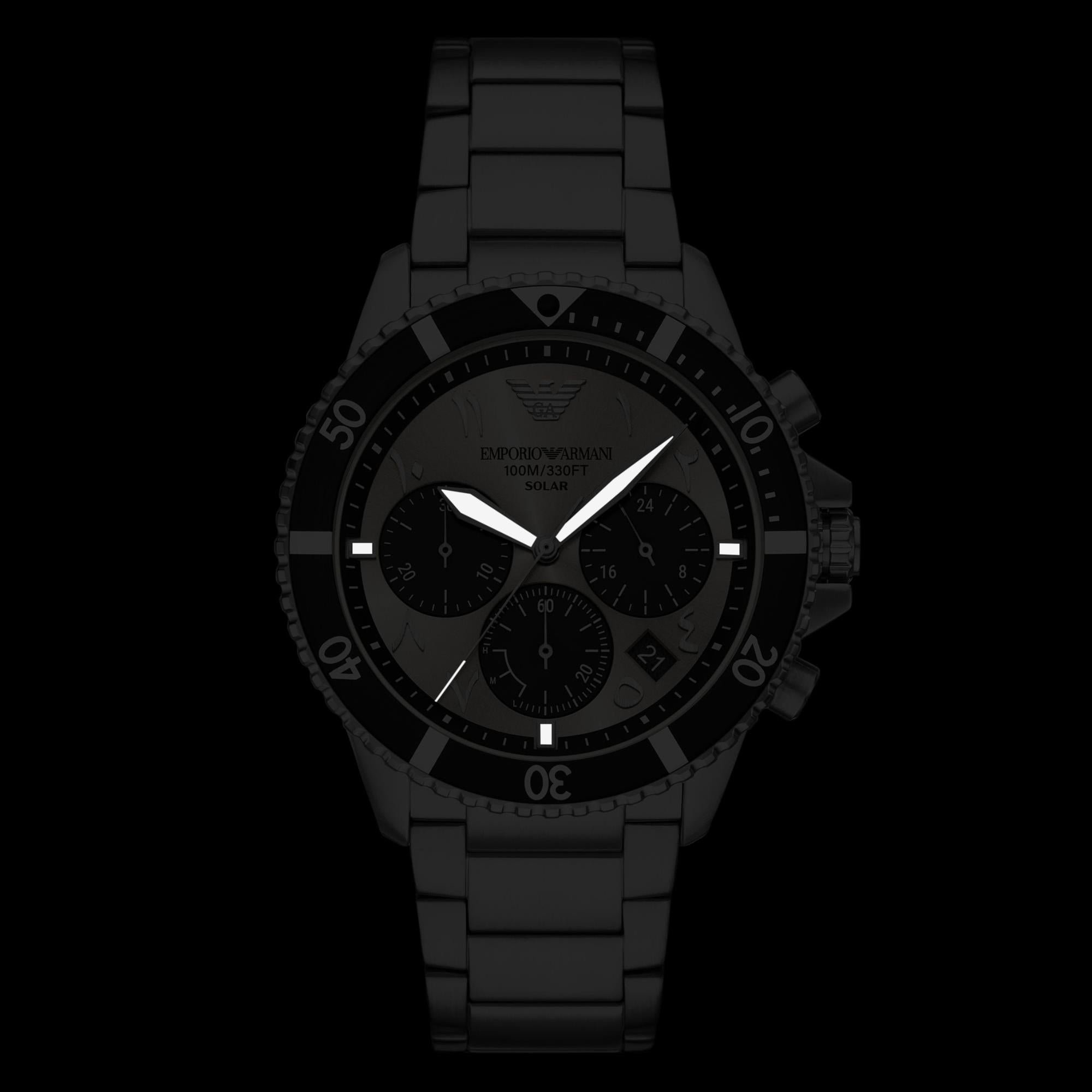 Emporio Armani World Explorer 43.5mm Chronograph Gray Dial Steel Mens Solar Watch AR11722