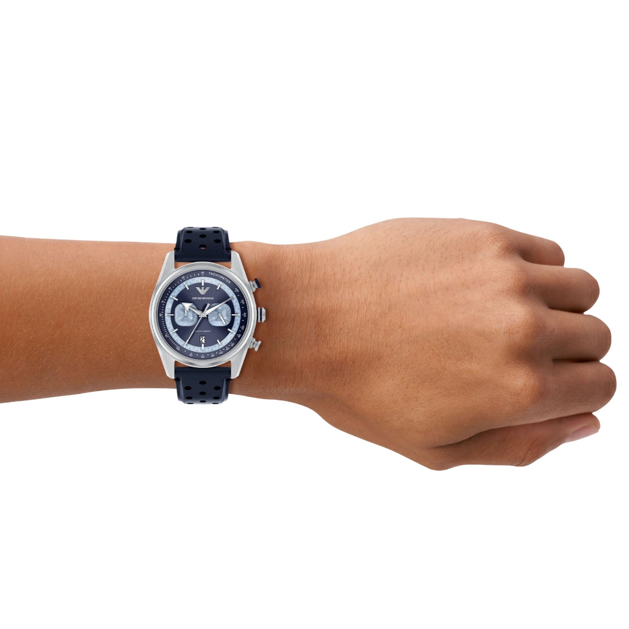 Emporio Armani Racer 42mm Chronograph Blue Dial Leather Mens Quartz Watch AR11781