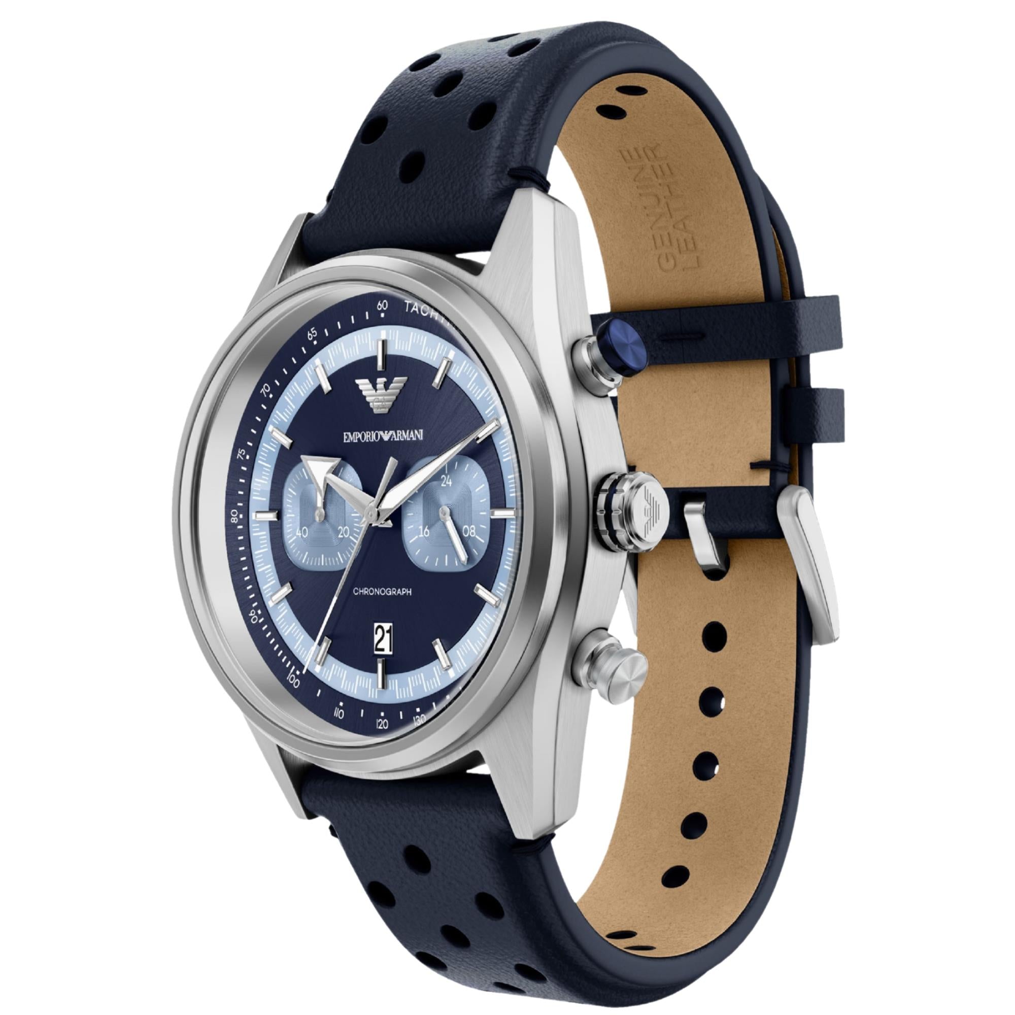 Emporio Armani Racer 42mm Chronograph Blue Dial Leather Mens Quartz Watch AR11781