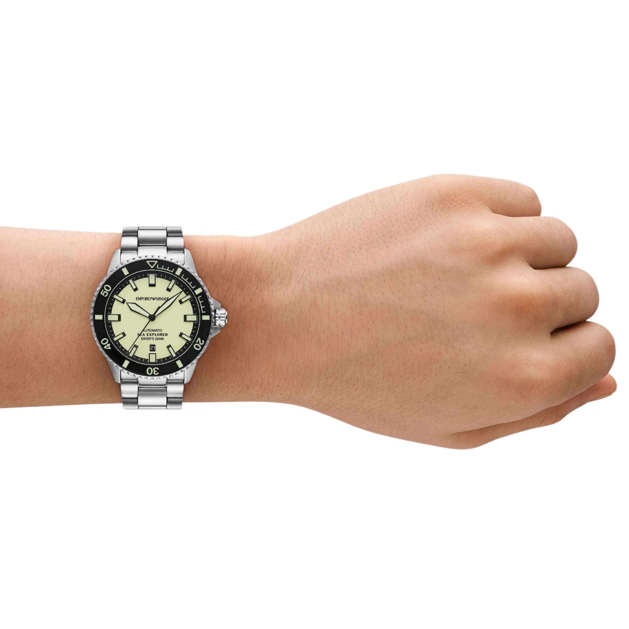 Emporio Armani Sea Explorer 42.5mm Yellow Dial Steel Mens Automatic Watch AR60083
