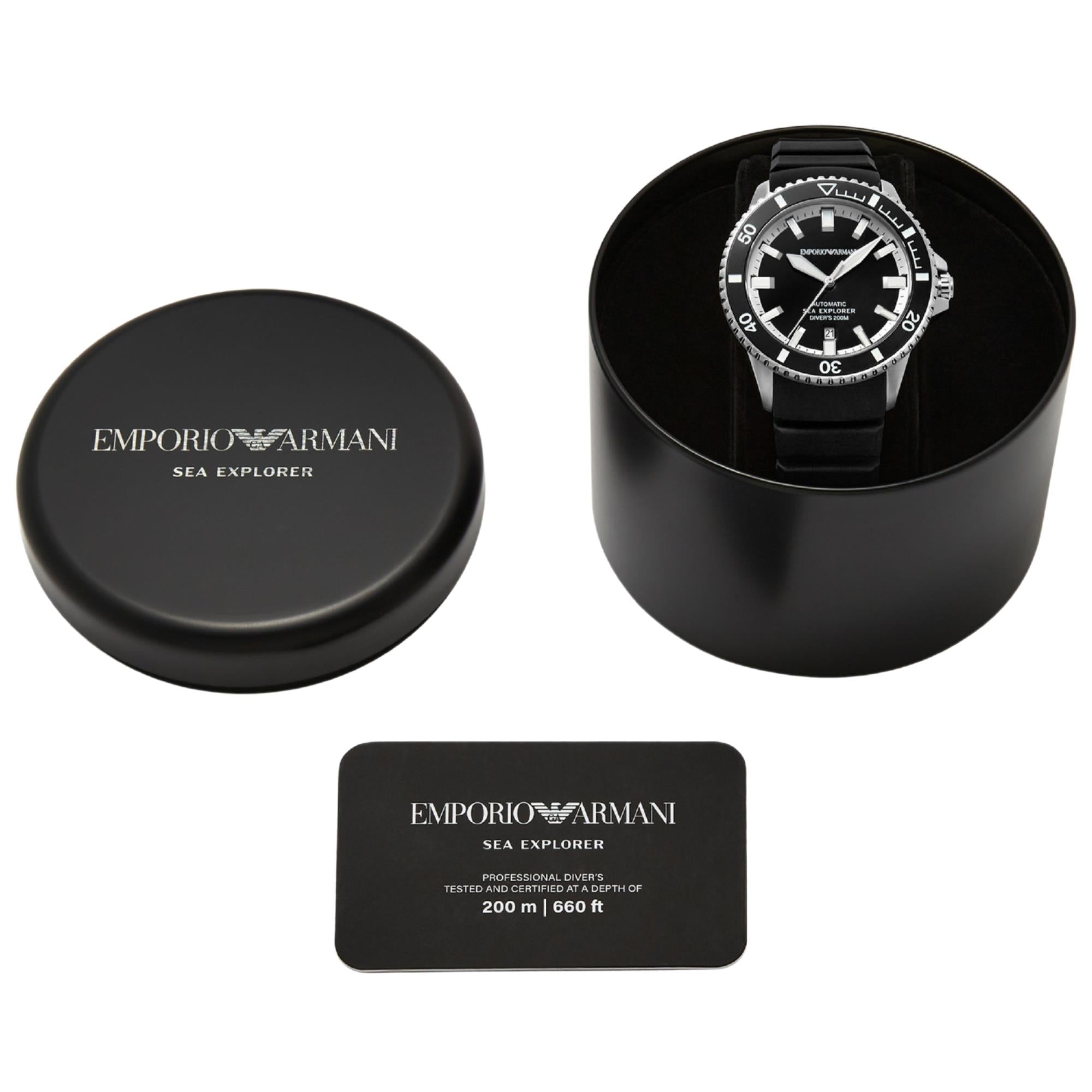 Emporio Armani Sea Explorer 42mm Black Dial Silicone Mens Automatic Watch AR60086