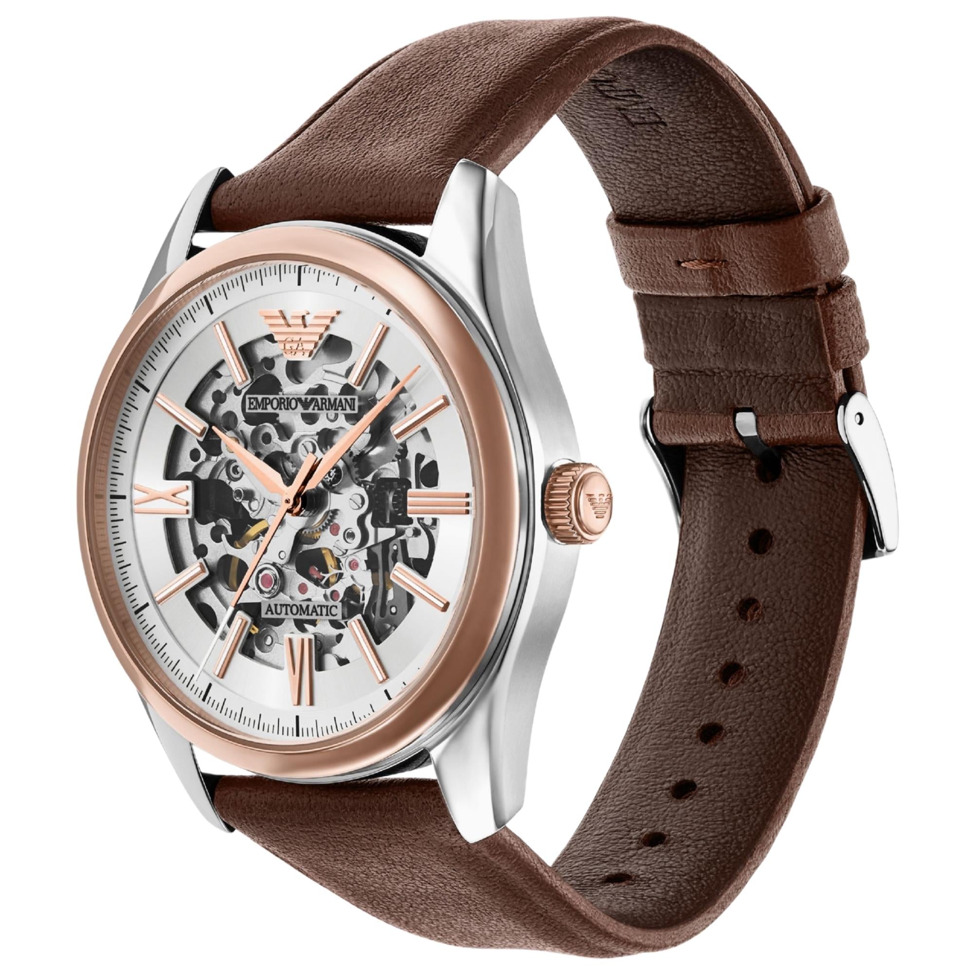 Emporio Armani World Explorer 43mm Skeleton Silver Dial Leather Mens Automatic Watch AR60094