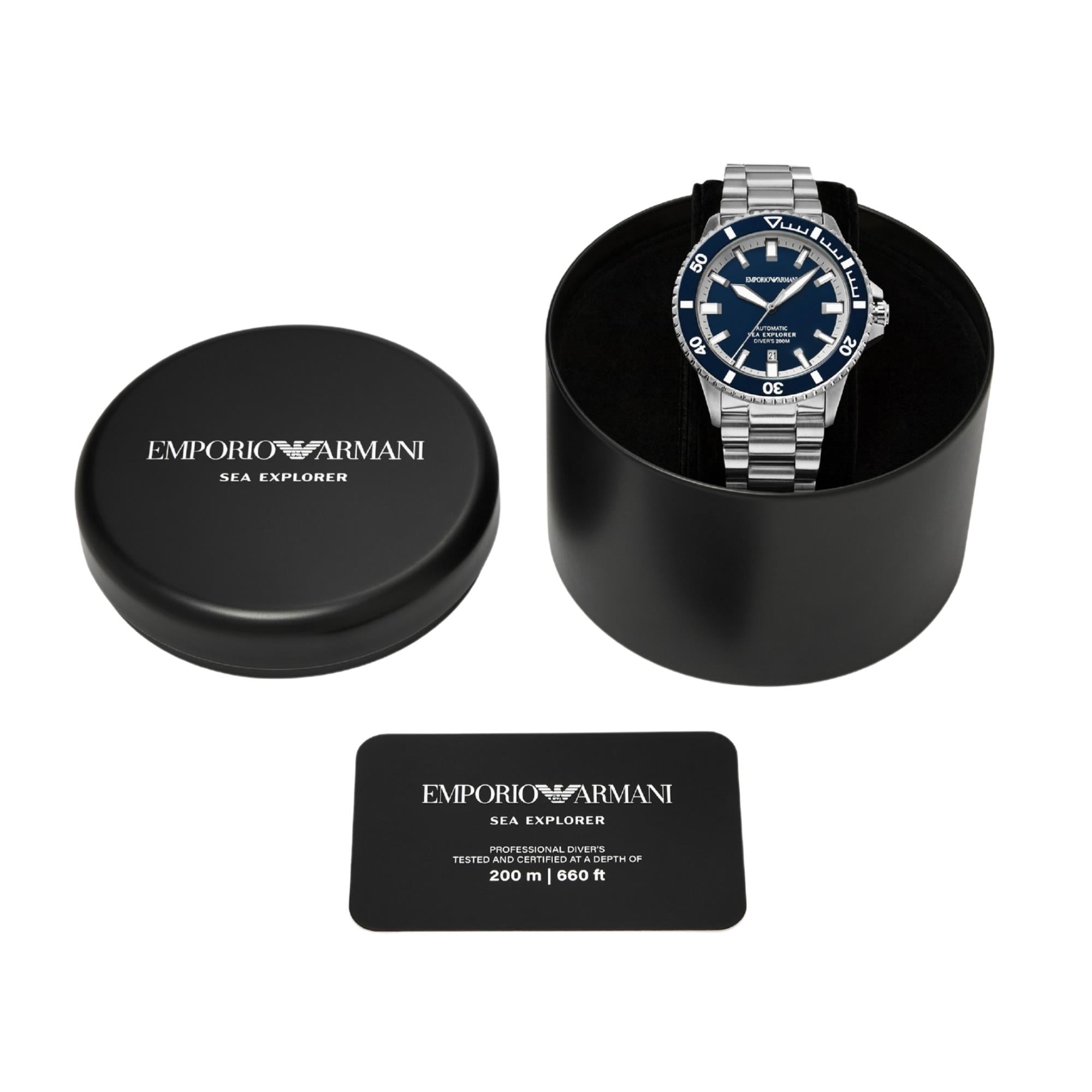 Emporio Armani Sea Explorer AR60087 presentation box and packaging unboxing view